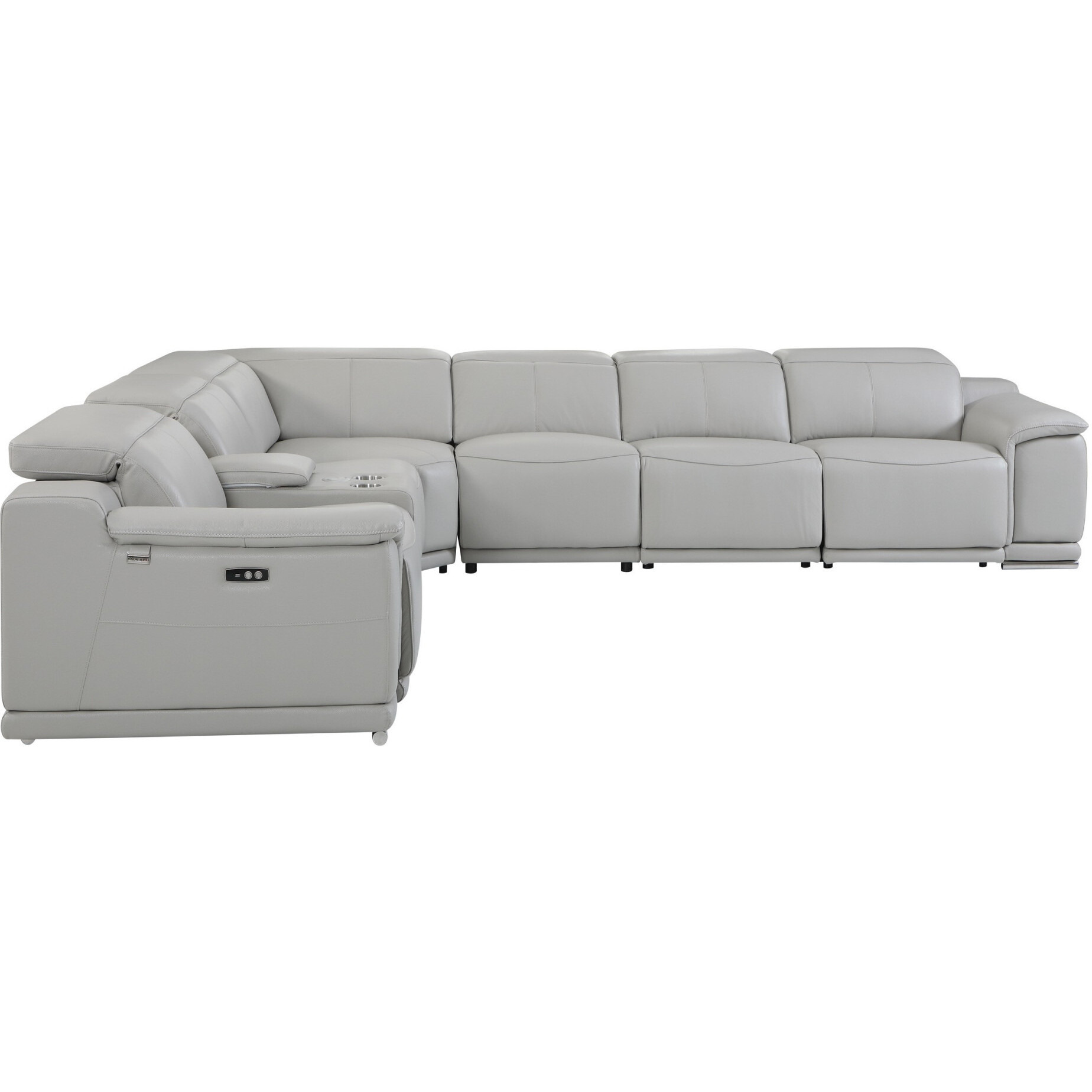 Light Gray Italian Leather Power Reclining U Shaped Seven Piece Corner Sectional With Console