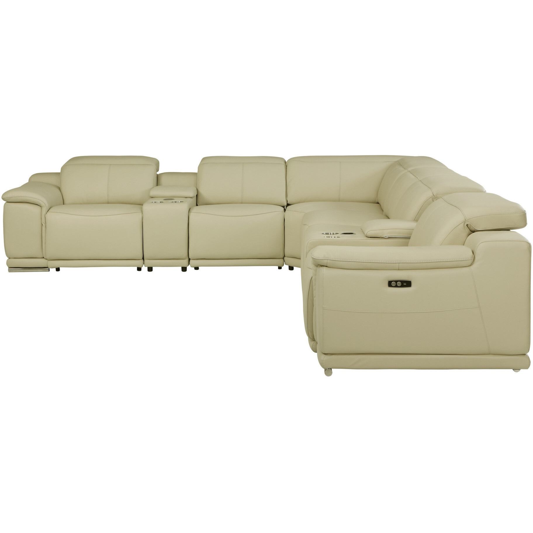 Beige Italian Leather Power Reclining U Shaped Eight Piece Corner Sectional With Console