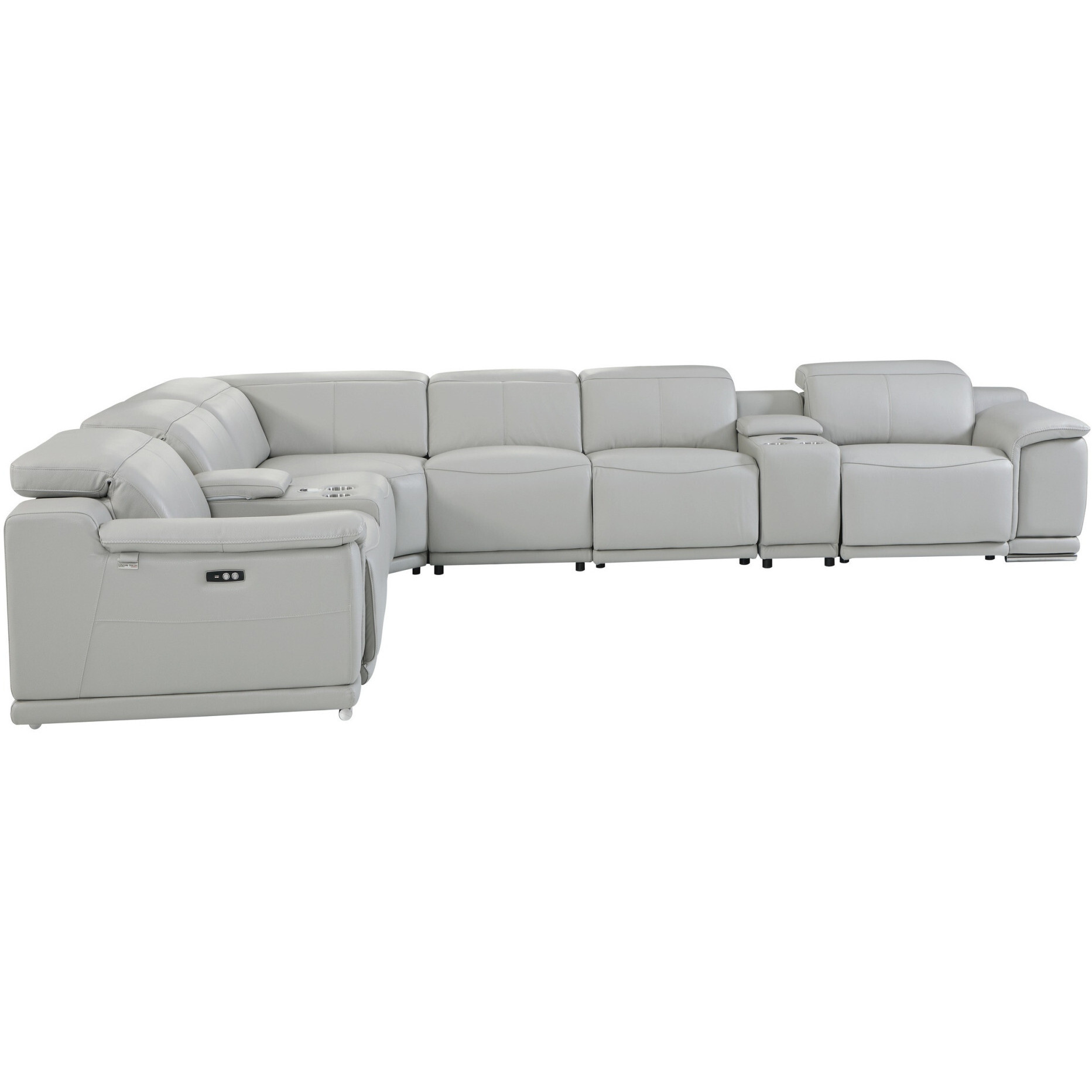 Light Gray Italian Leather Power Reclining U Shaped Eight Piece Corner Sectional With Console
