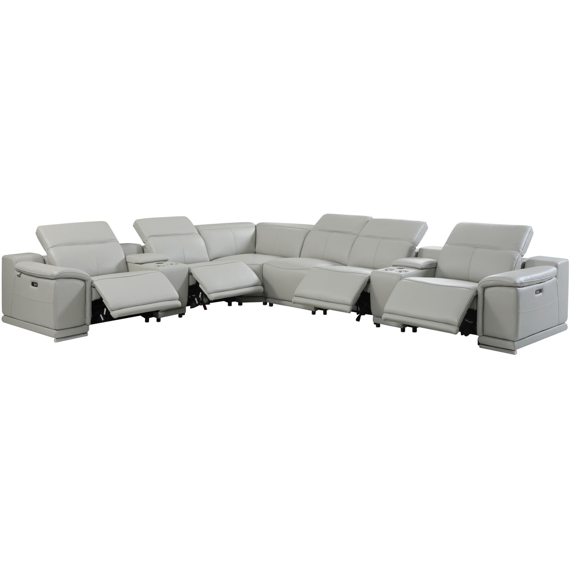 Light Gray Italian Leather Power Reclining U Shaped Eight Piece Corner Sectional With Console