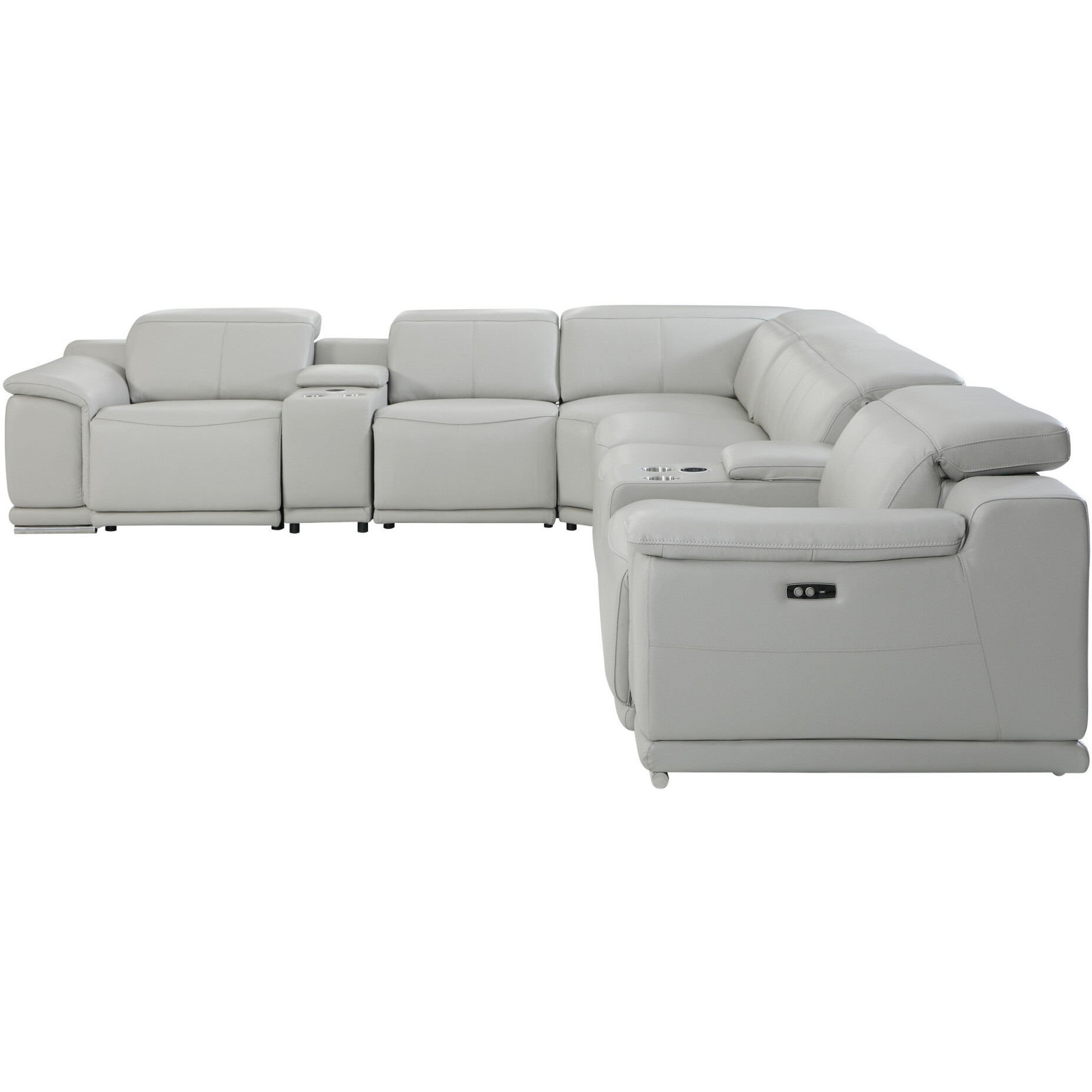 Light Gray Italian Leather Power Reclining U Shaped Eight Piece Corner Sectional With Console