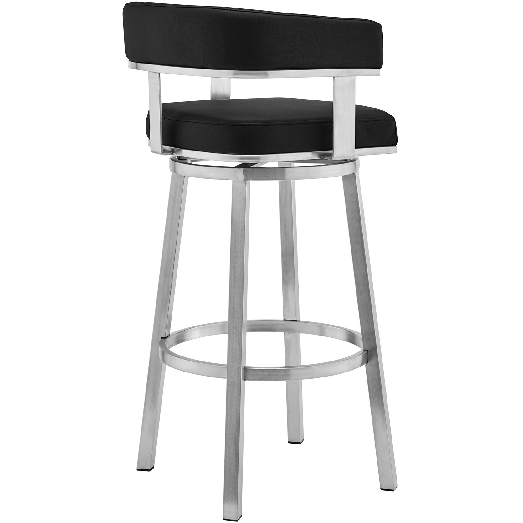 38 Black And Silver Faux Leather Swivel Low Back Bar Height Chair With Footrest