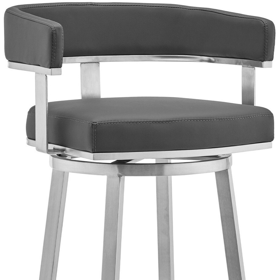 34 Gray And Silver Faux Leather And Iron Swivel Low Back Counter Height Bar Chair With Footrest
