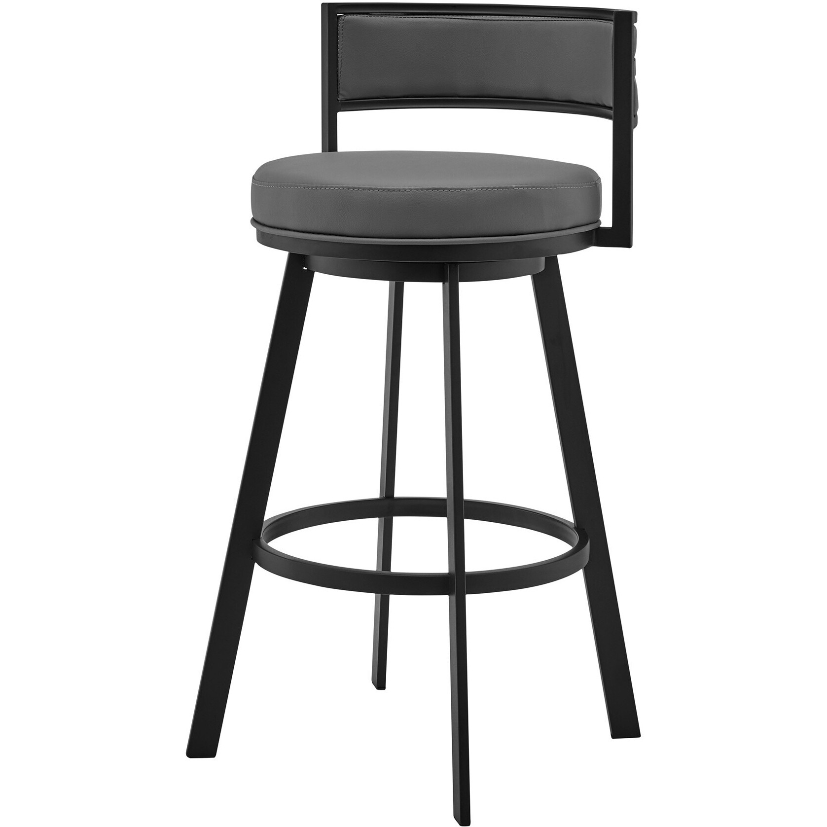 34 Gray And Black Faux Leather And Iron Swivel Low Back Counter Height Bar Chair With Footrest