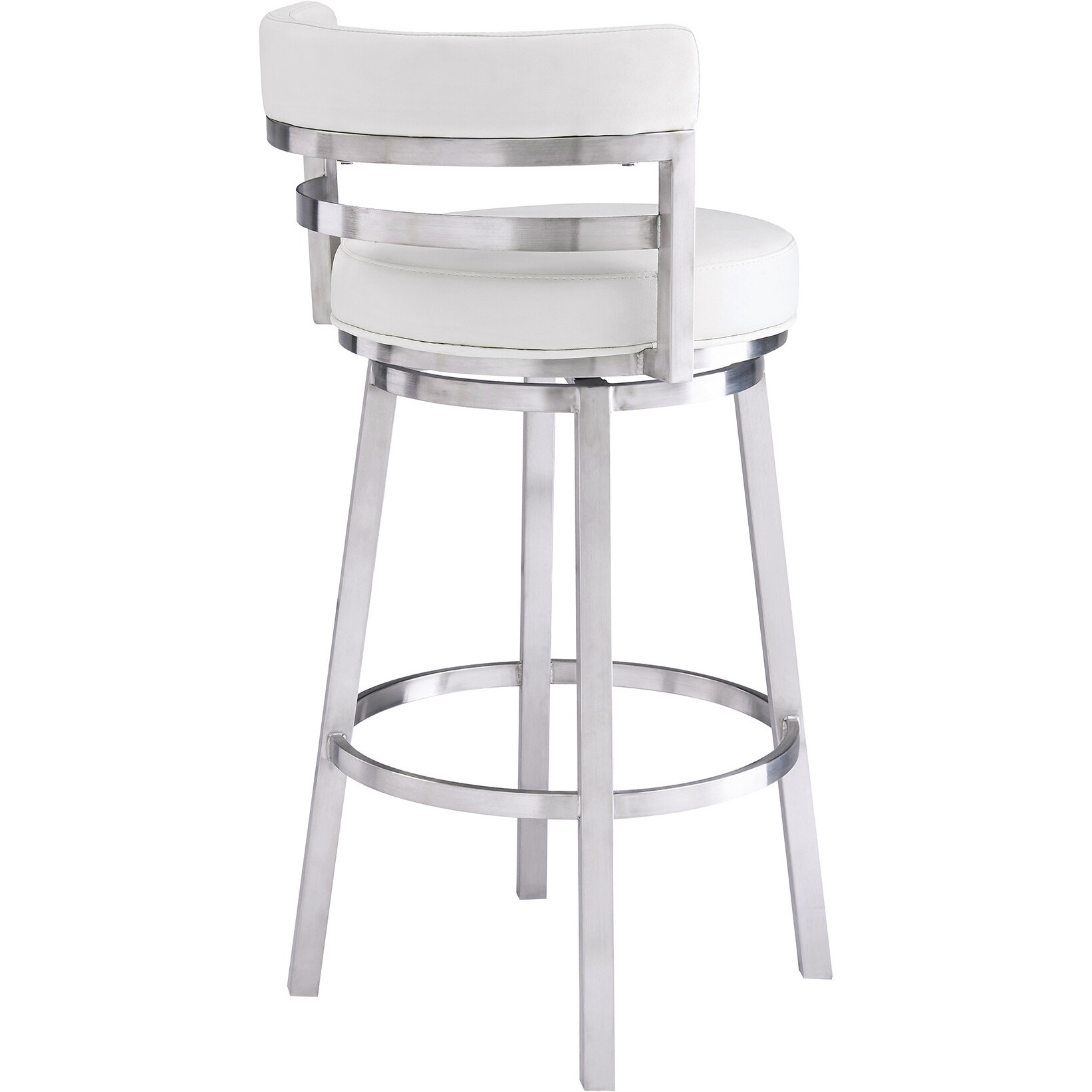 35 White And Silver Faux Leather And Iron Swivel Low Back Counter Height Bar Chair With Footrest