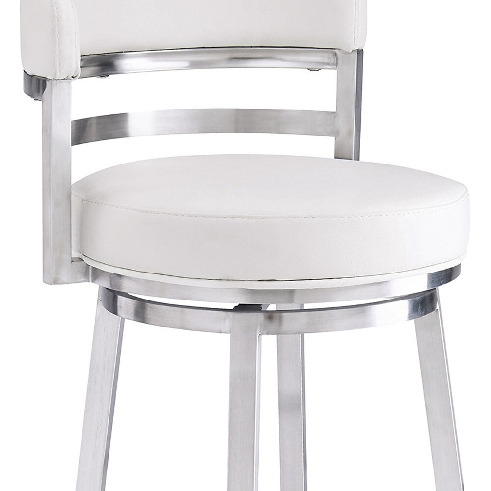 35 White And Silver Faux Leather And Iron Swivel Low Back Counter Height Bar Chair With Footrest