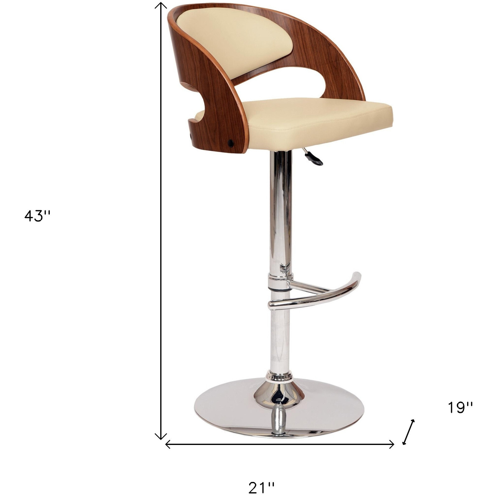 43 Cream And Brown Faux Leather And Solid Wood Swivel Low Back Adjustable Height Bar Chair With Footrest