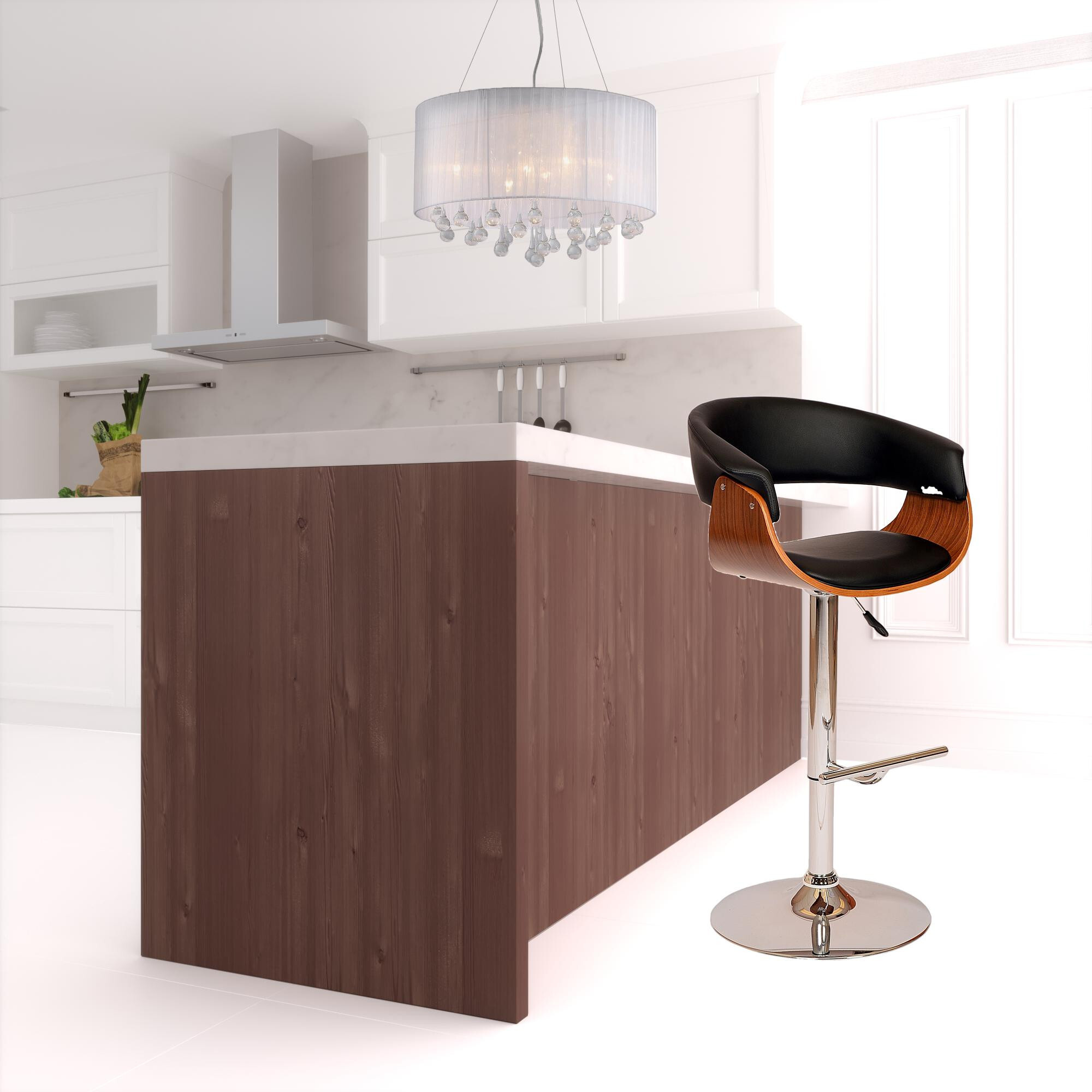 44 Black And Brown Faux Leather And Solid Wood Swivel Low Back Adjustable Height Bar Chair With Footrest