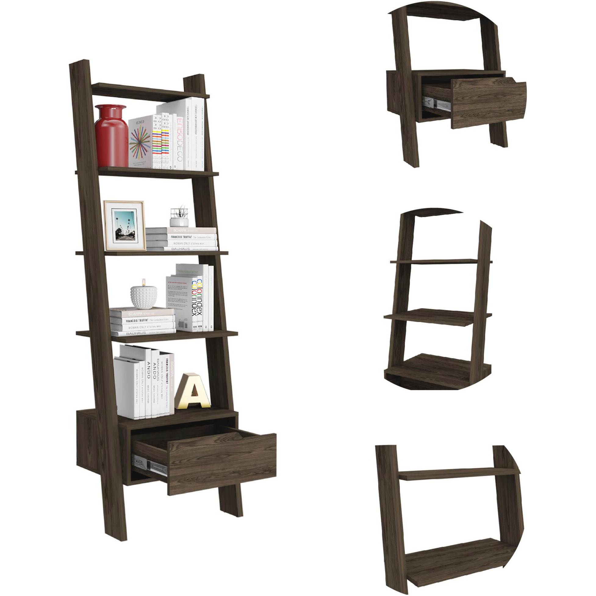 70 Dark Walnut Five Tier Ladder Bookcase With Drawer