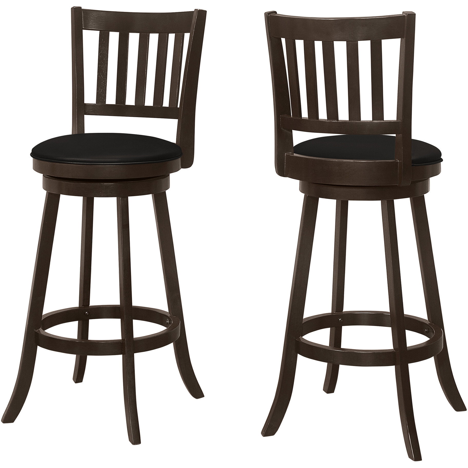 Set Of Two 29 Black And Espresso Faux Leather And Solid Wood Swivel Bar Height Bar Chairs With Footrest