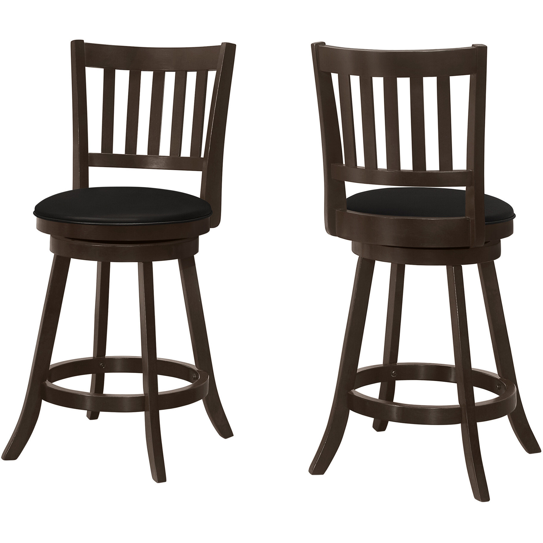 Set Of Two 23 Black And Espresso Faux Leather And Solid Wood Swivel Counter Height Bar Chairs With Footrest