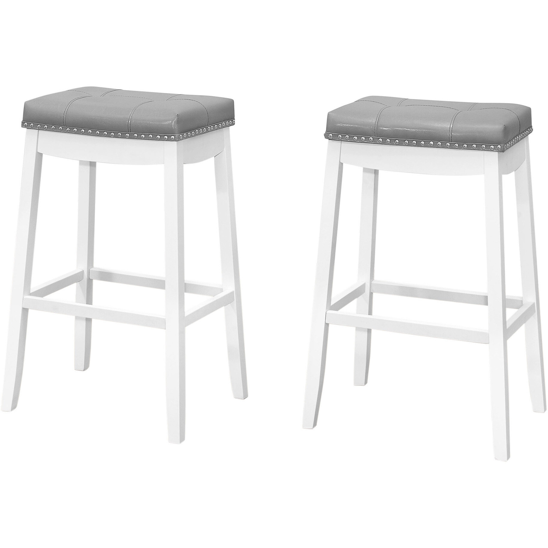 Set Of Two 30 Gray And White Faux Leather And Solid Wood Backless Bar Height Bar Chairs With Footrest