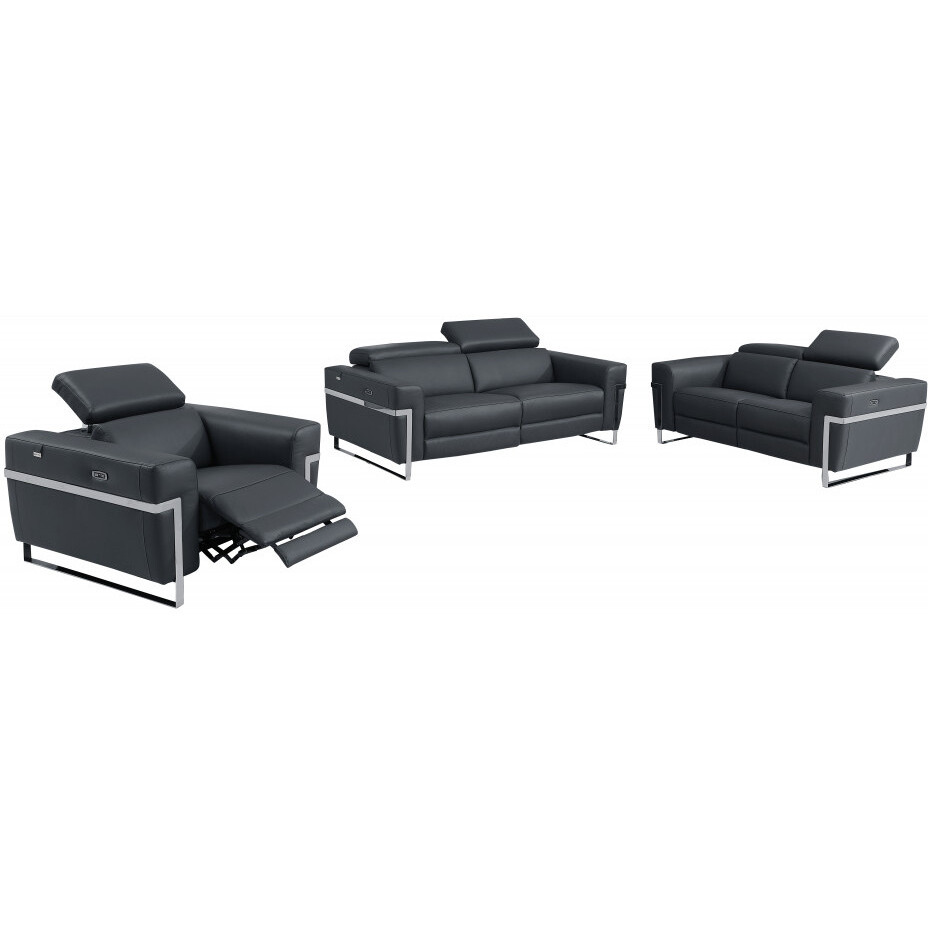 Three Piece Indoor Dark Gray Italian Leather Six Person Seating Set