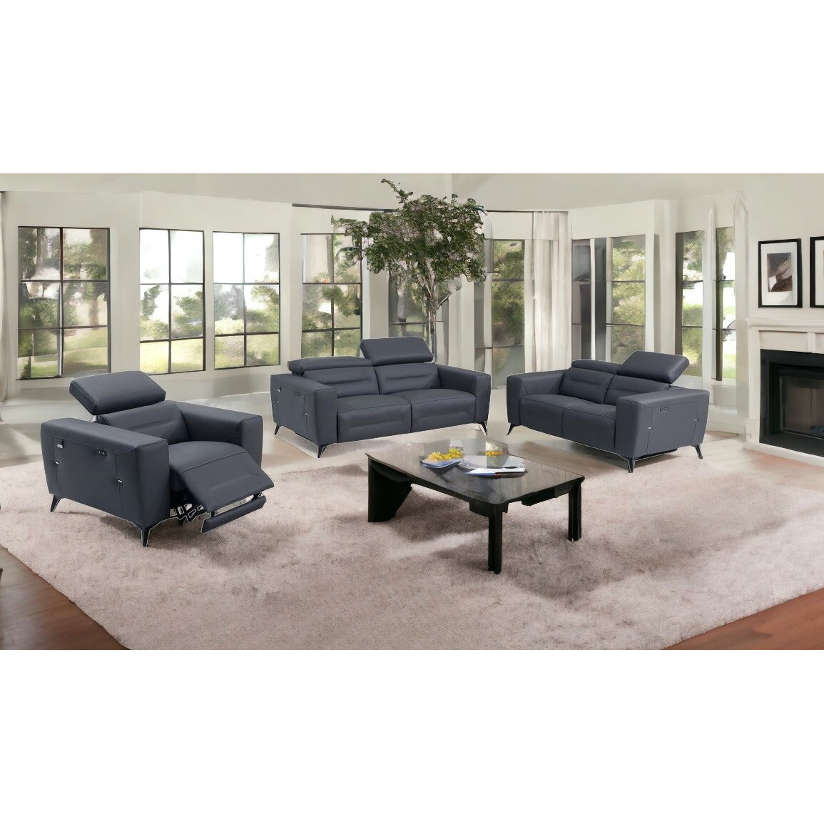 Three Piece Indoor Dark Gray Italian Leather Six Person Seating Set
