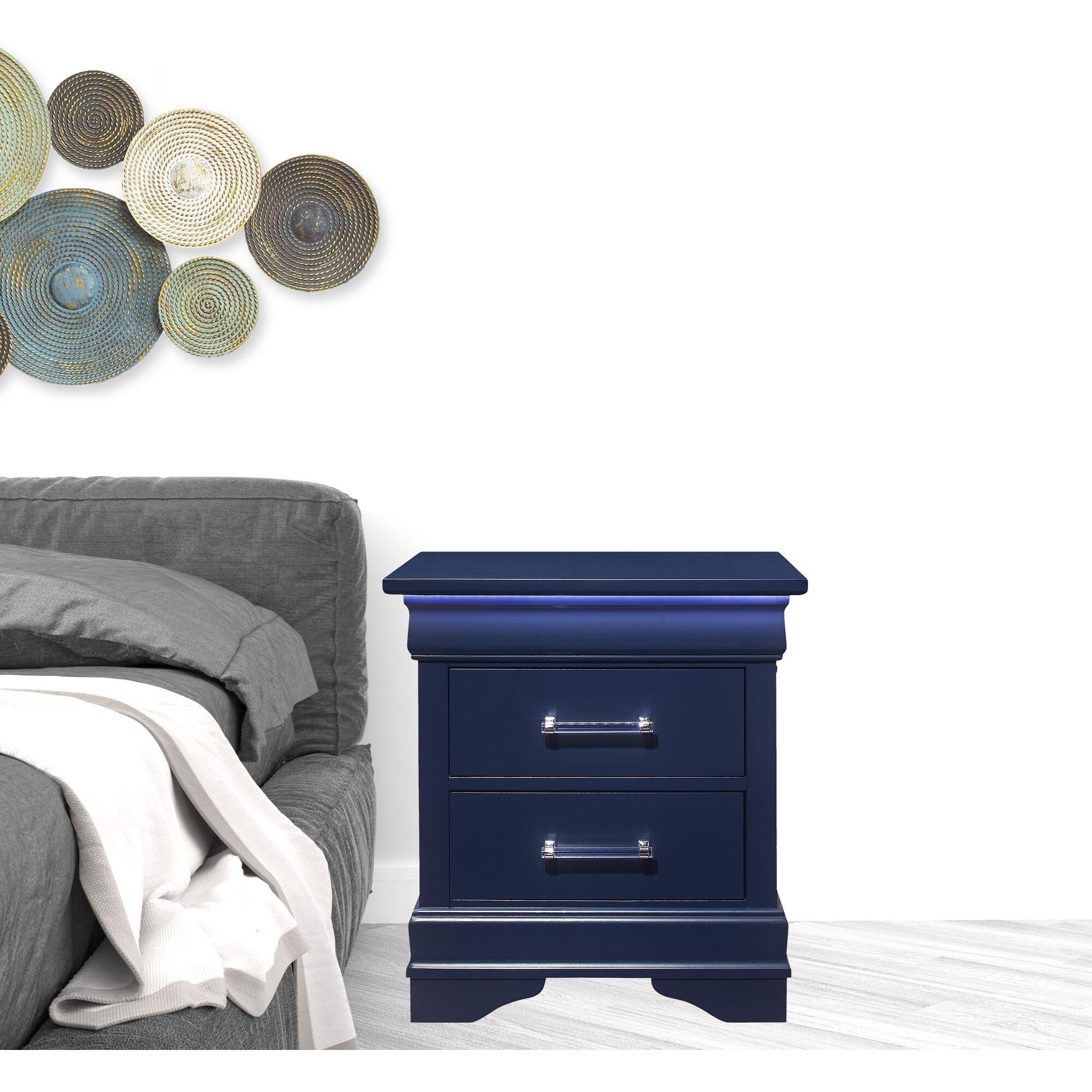 24 Blue Two Drawer Solid Wood Lighted Nightstand