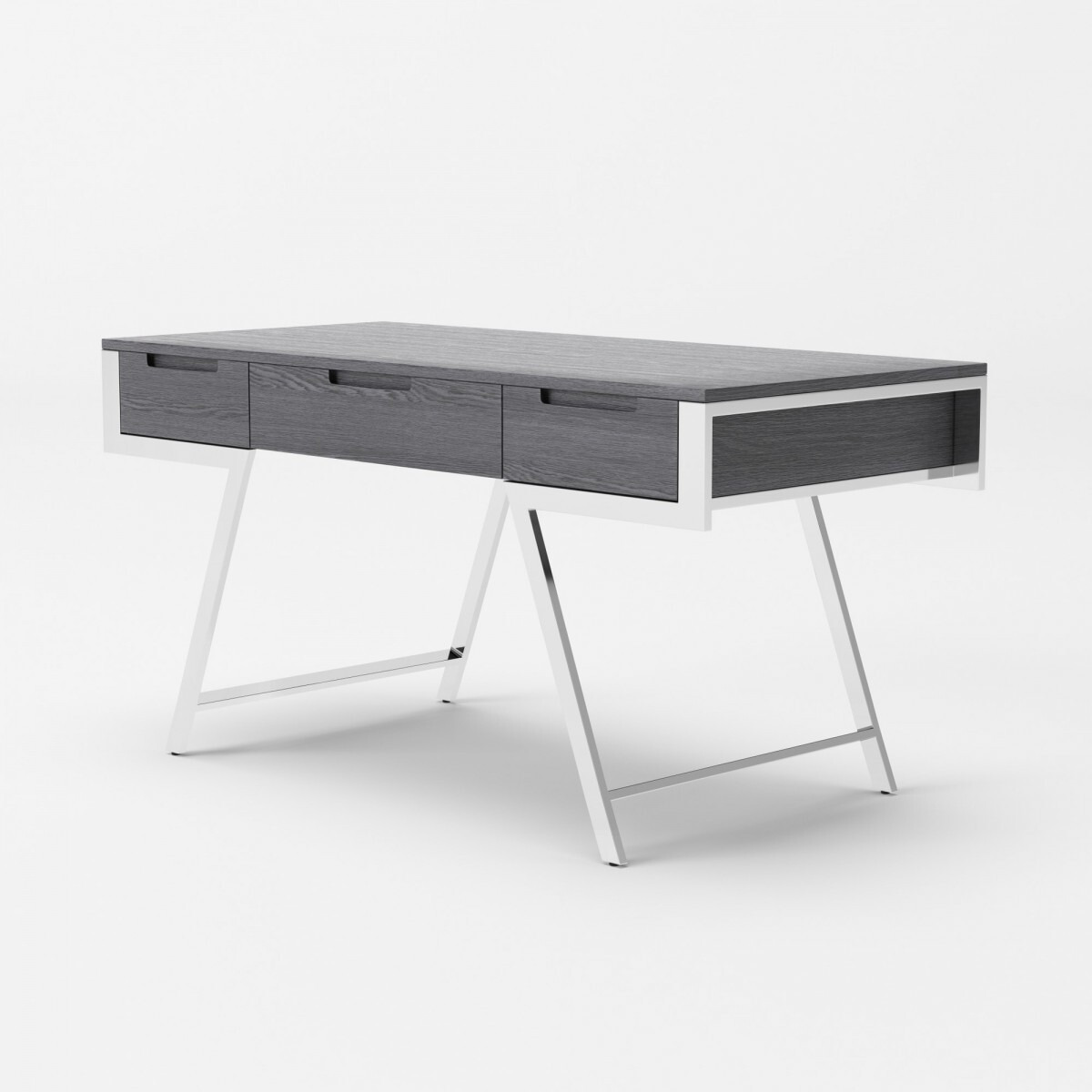 63 Gray And Chrome Rectangular Writing Desk With Three Drawers