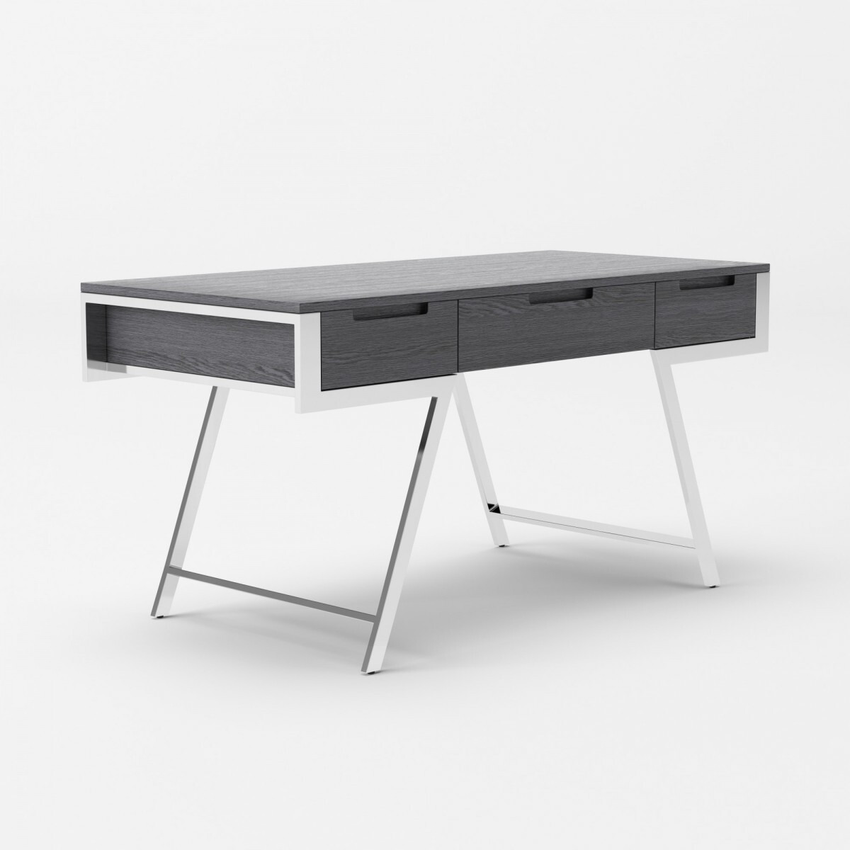 63 Gray And Chrome Rectangular Writing Desk With Three Drawers