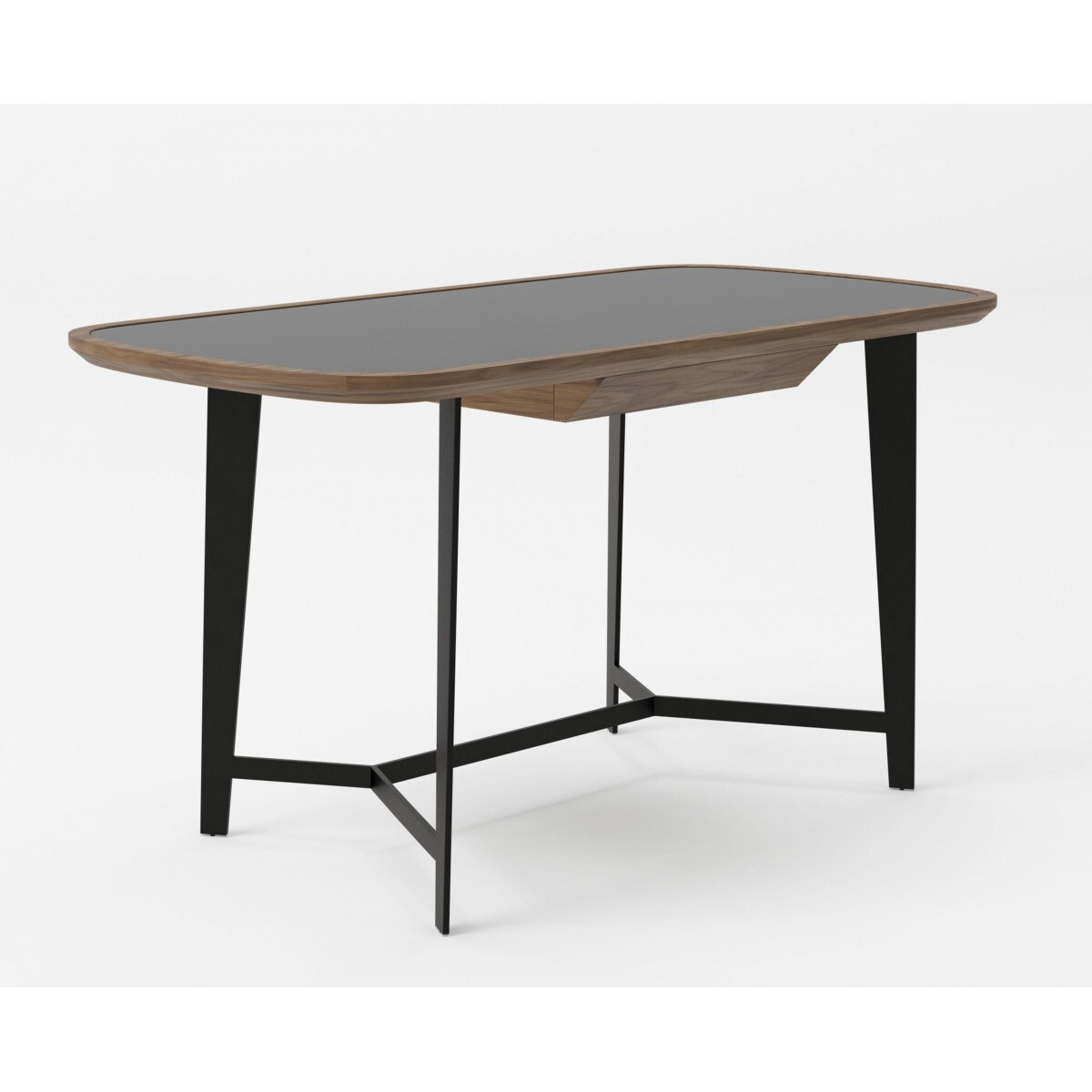 55 Walnut And Black Glass Rectangular Writing Desk