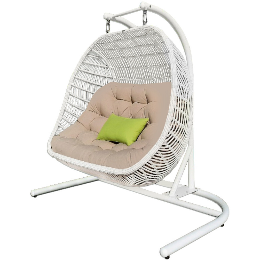 69 Beige And White Metal Swing Chair With Beige Cushion