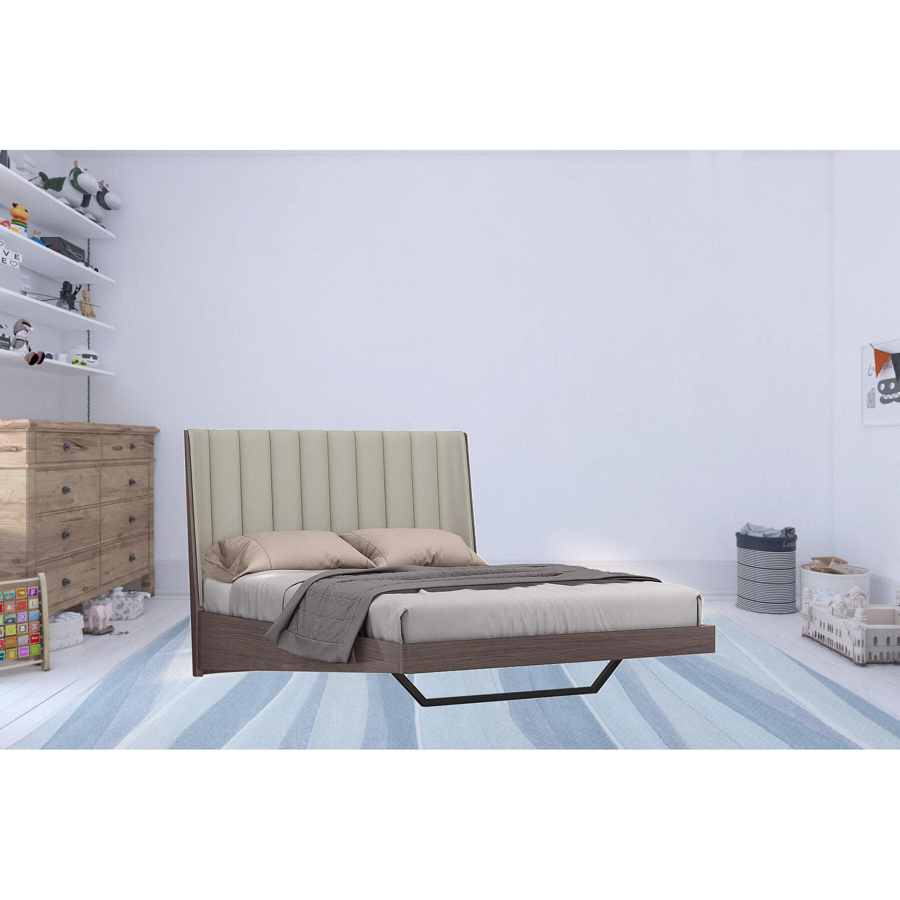 Queen Grey Upholstered Faux Leather And Ivory Gloss Bed Frame