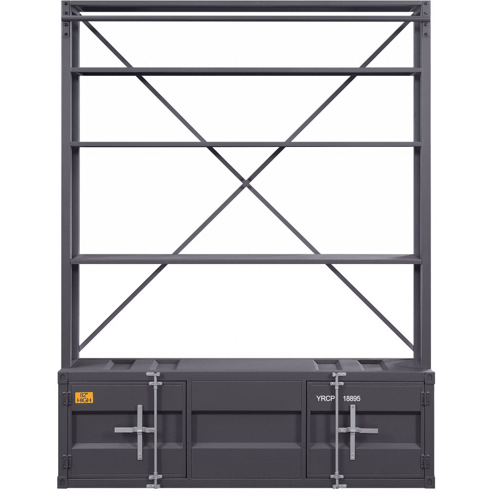 83 Gray Four Tier Cargo Style Bookcase With Cabinets And Ladder