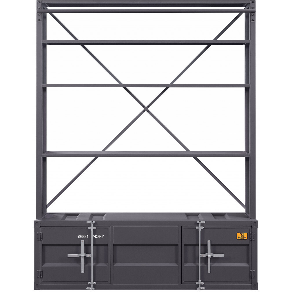 83 Gray Four Tier Cargo Style Bookcase With Cabinets And Ladder