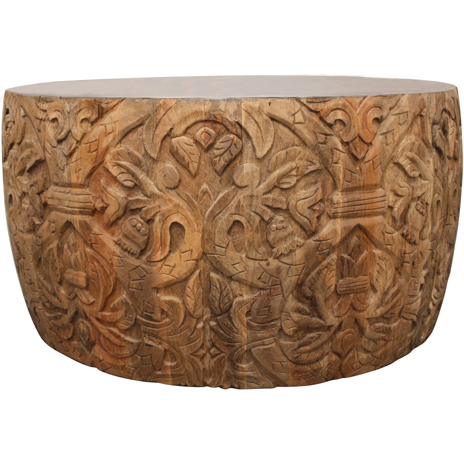 32 Natural Brown And White Wash Hand Carved Wood Round Coffee Table