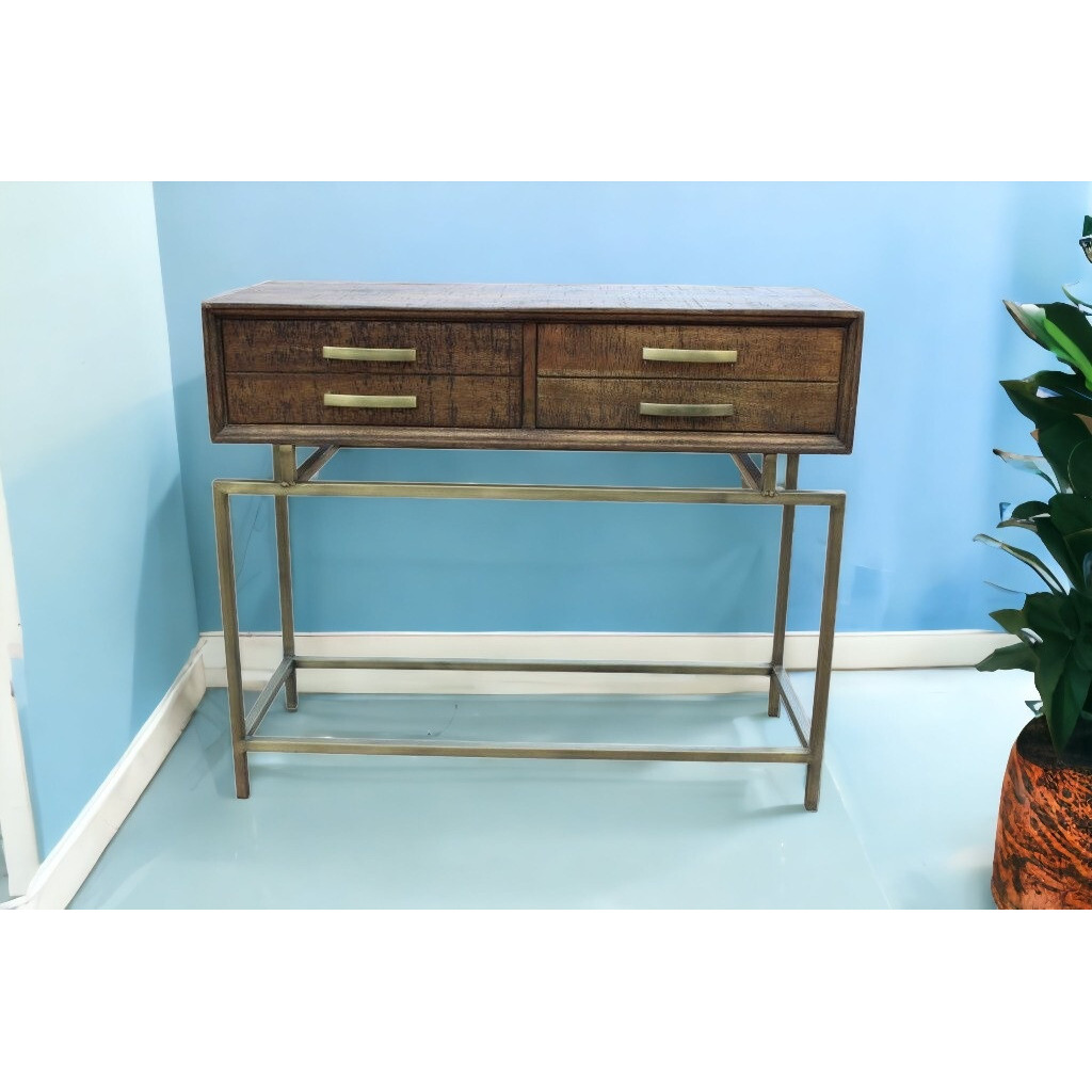 36 Brown And Brass Solid Wood Distressed Frame Console Table With Storage