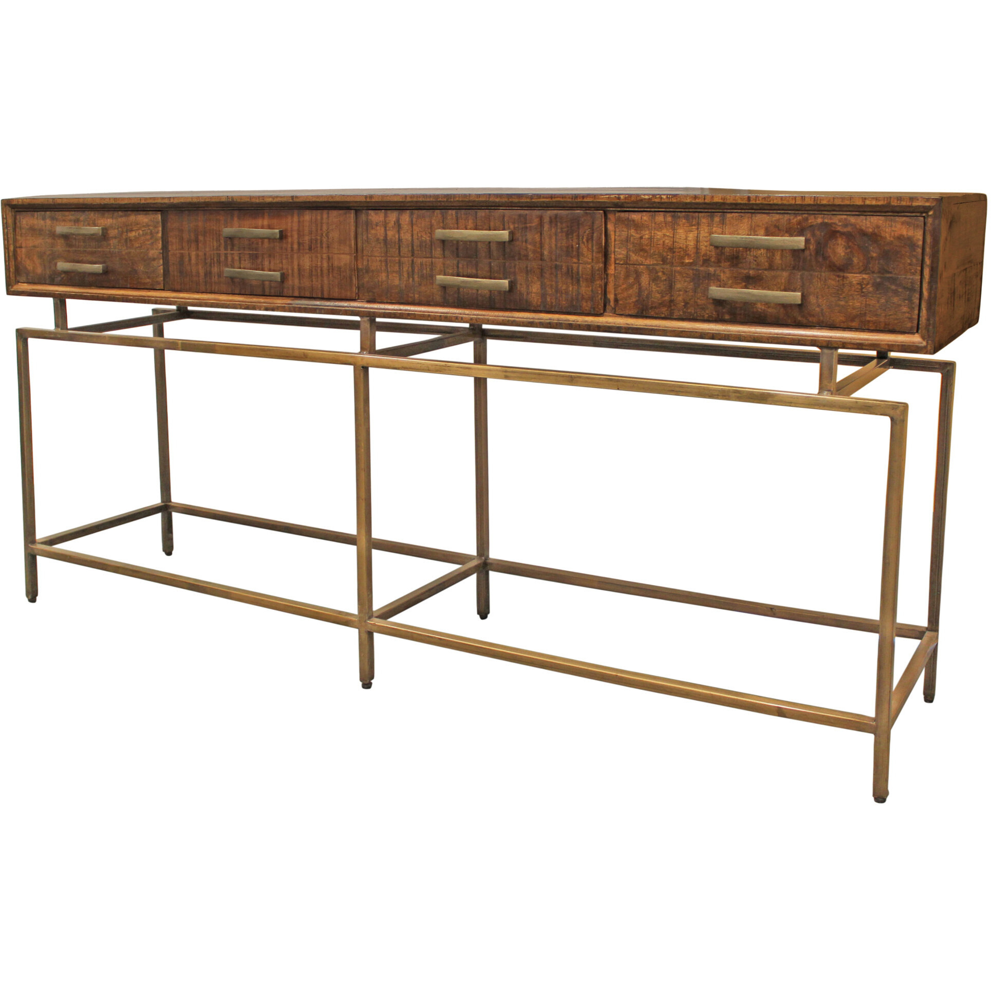 72 Brown And Brass Solid Wood Distressed Frame Console Table With Storage
