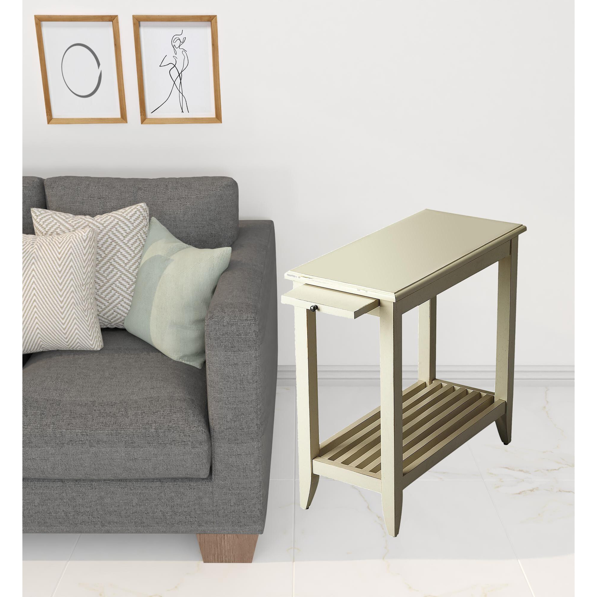 24 Cream White Rectangular End Table With Shelf