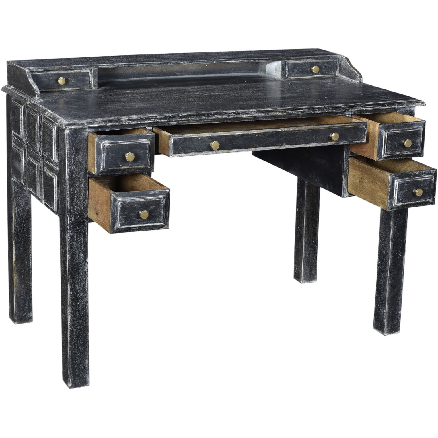 46 Black Mango Solid Wood Computer Desk With Seven Drawers
