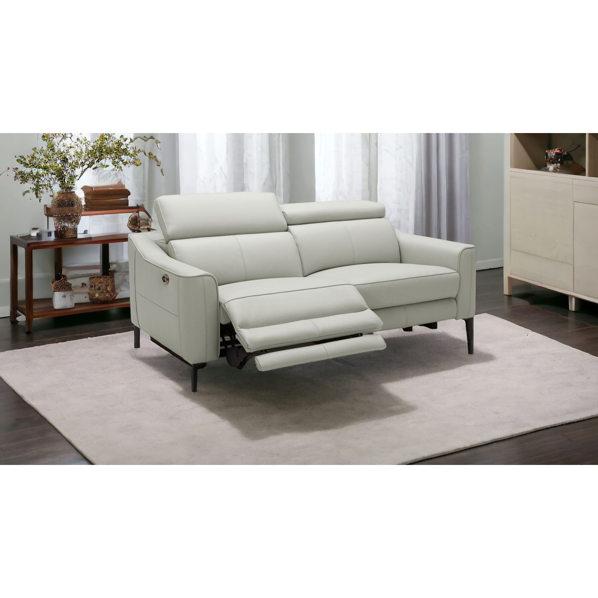 60 Grey Genuine Leather And Black Power Reclining Love Seat With Usb