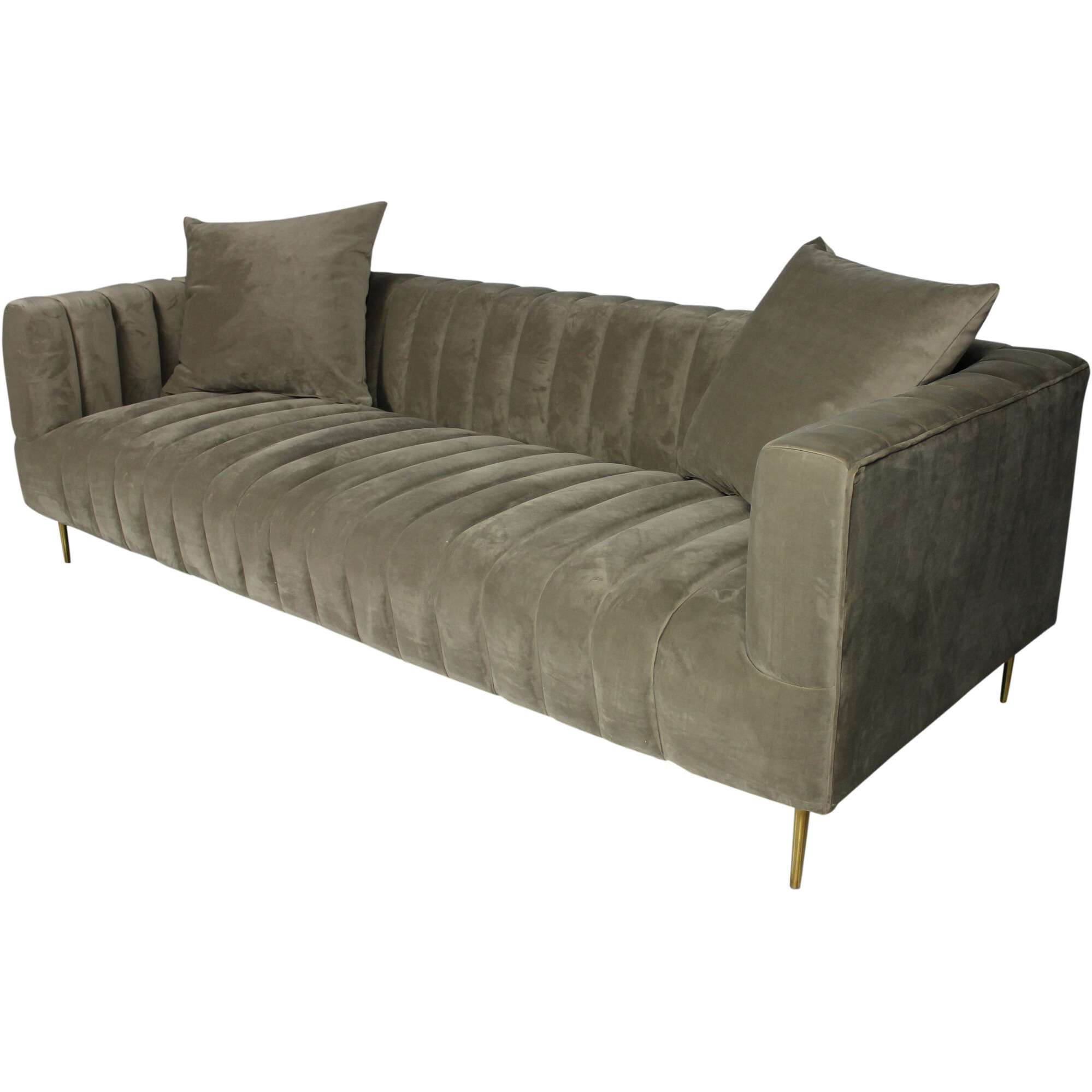 90 Gray Brown Velvet And Gold Sofa And Toss Pillows