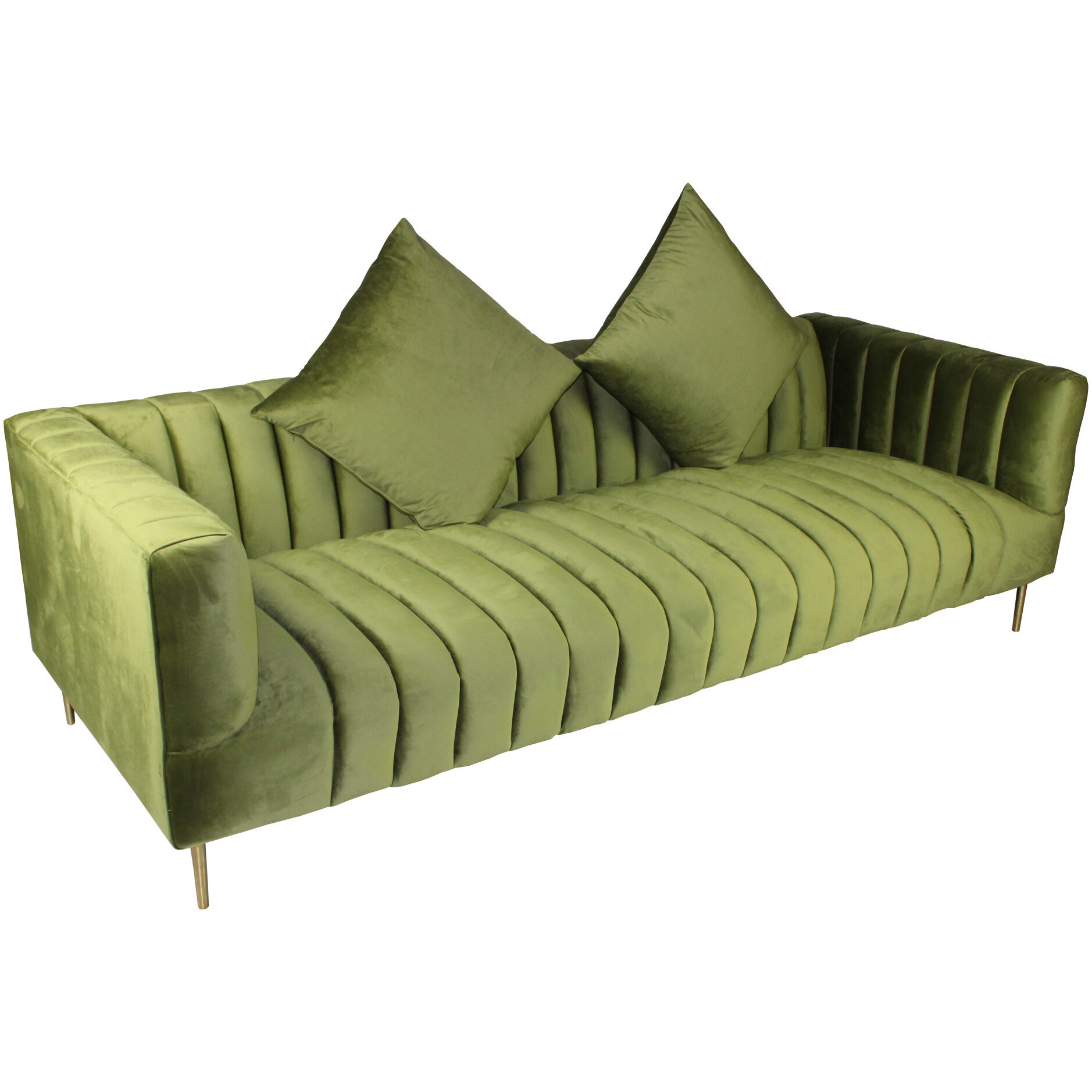 90 Moss Green Velvet And Gold Sofa With Two Toss Pillows