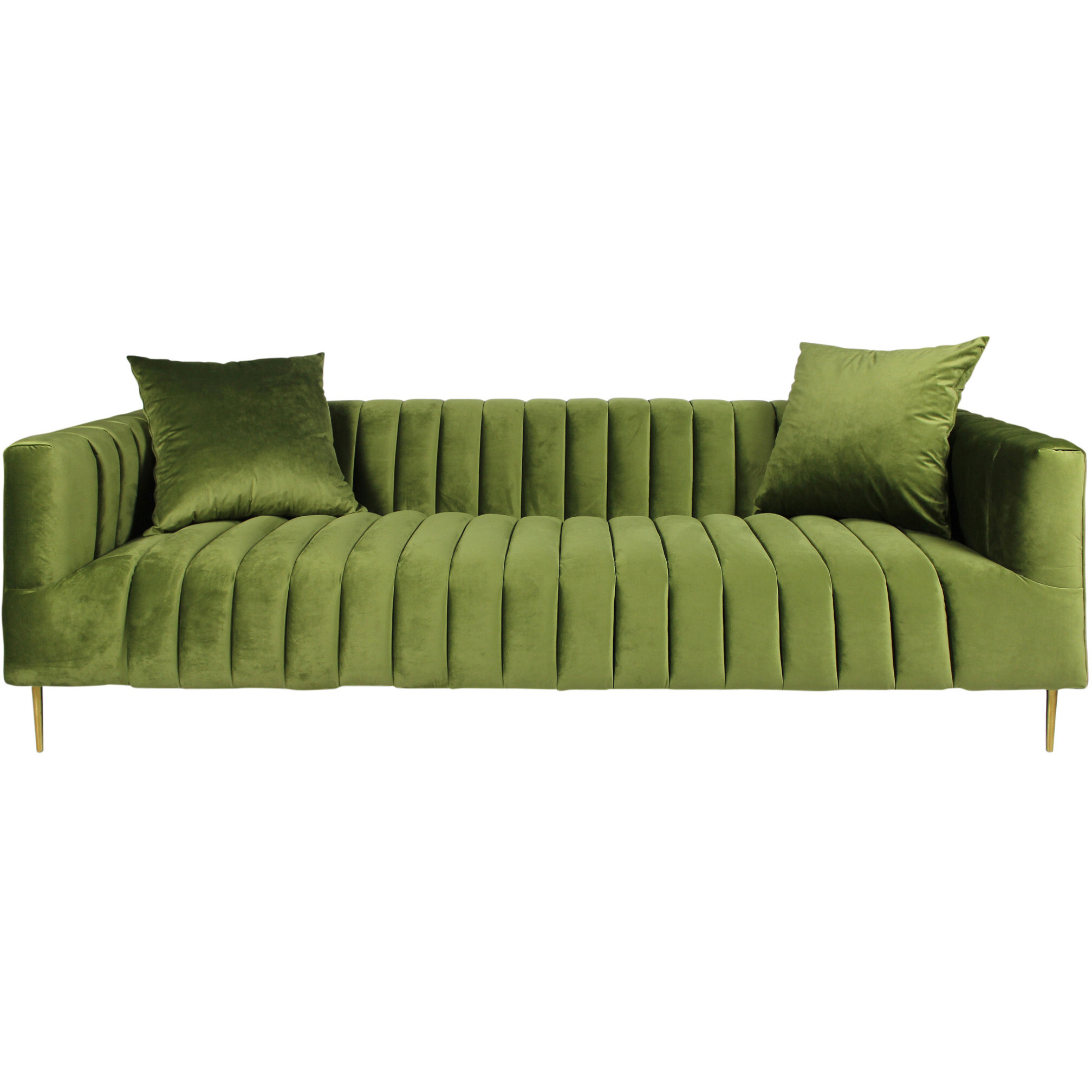 90 Moss Green Velvet And Gold Sofa With Two Toss Pillows
