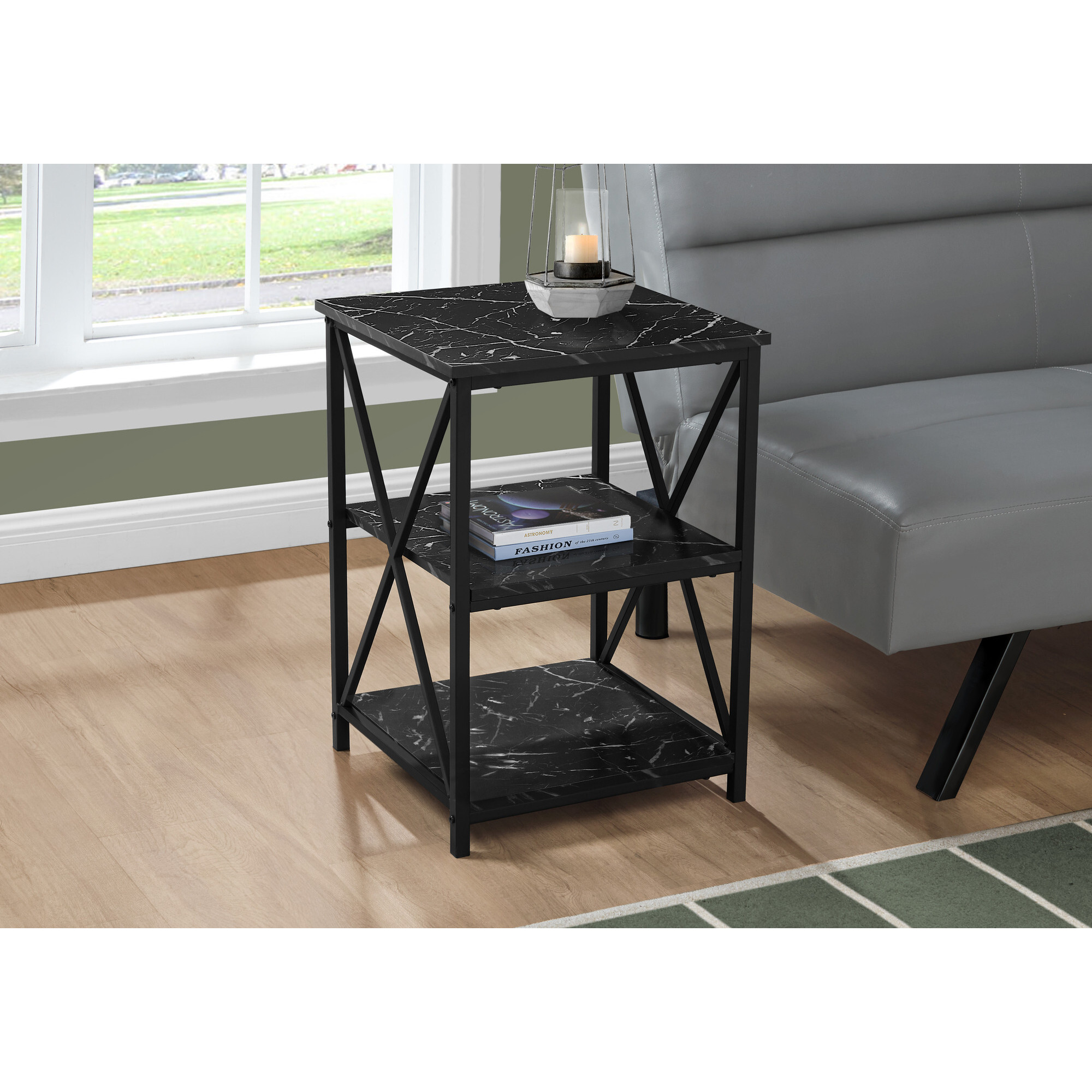 26 Black Faux Marble End Table With Two Shelves
