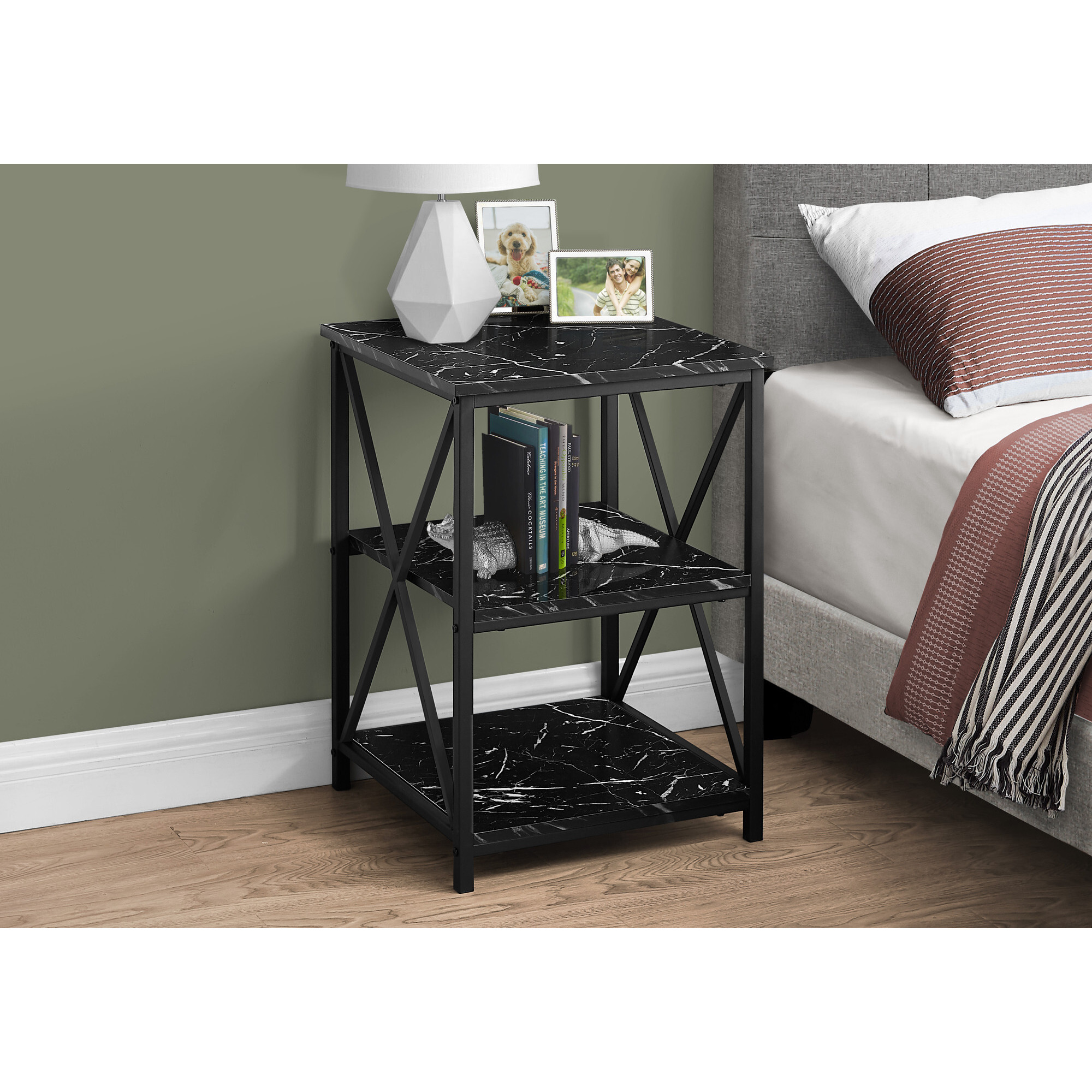 26 Black Faux Marble End Table With Two Shelves