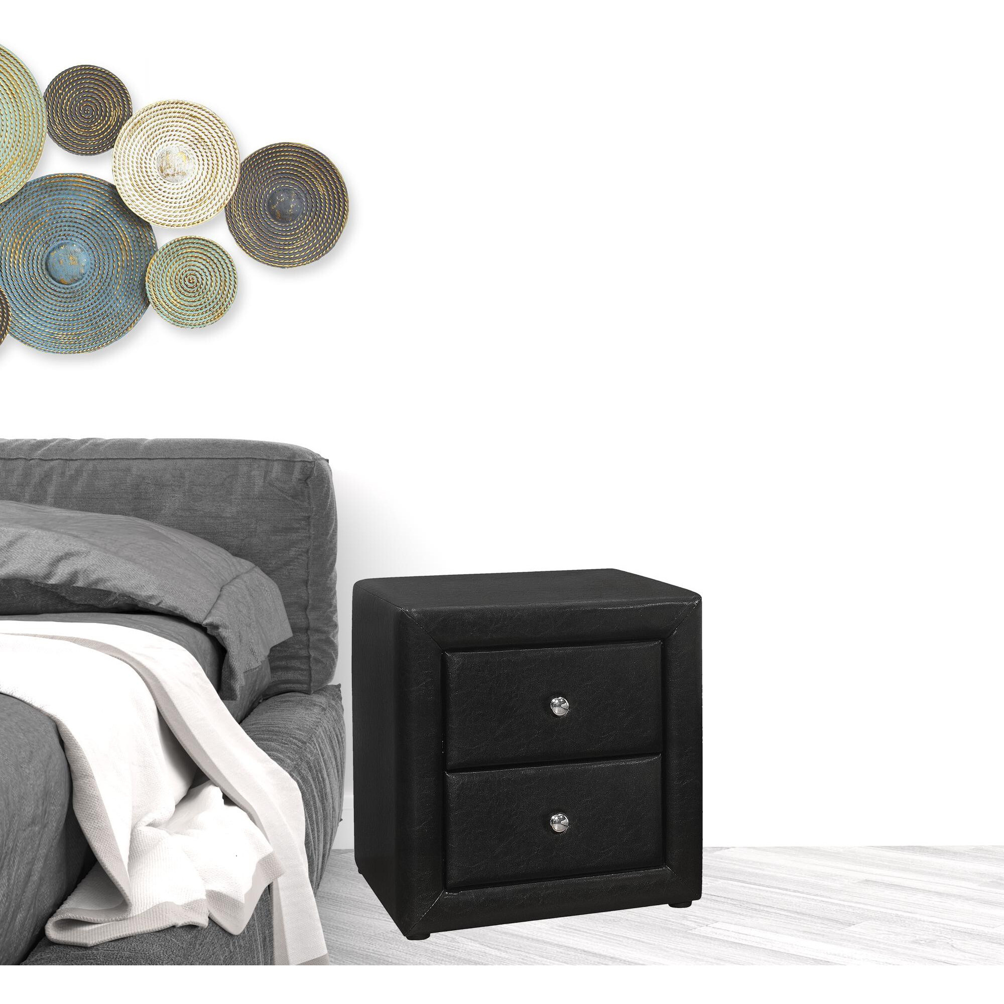 21 Black Faux Leather Two Drawer Nightstand