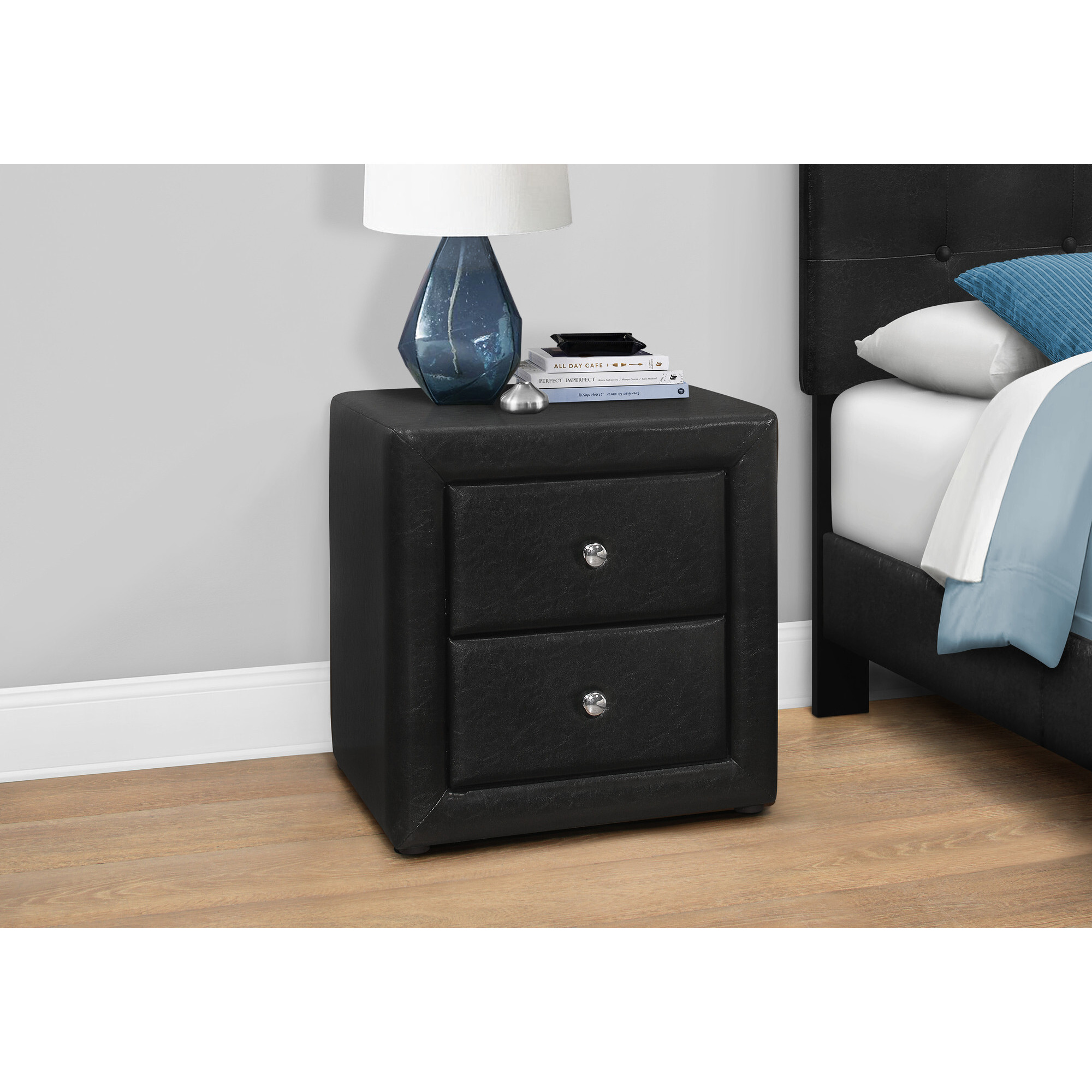 21 Black Faux Leather Two Drawer Nightstand