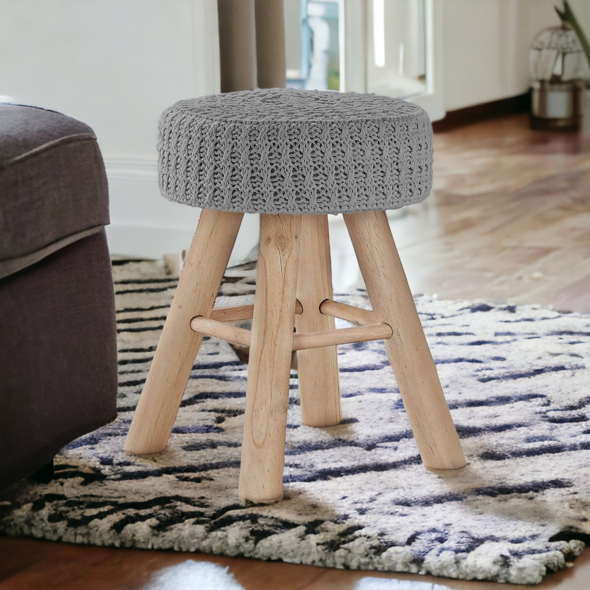 12 Gray Cotton Blend And Natural Round Ottoman