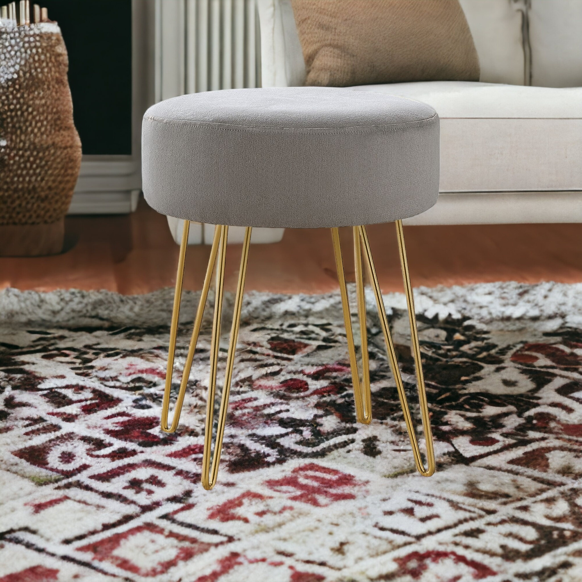14 Gray Velvet And Gold Round Ottoman