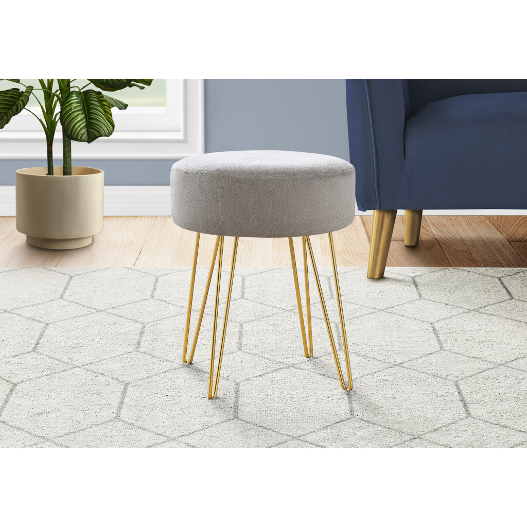 14 Gray Velvet And Gold Round Ottoman