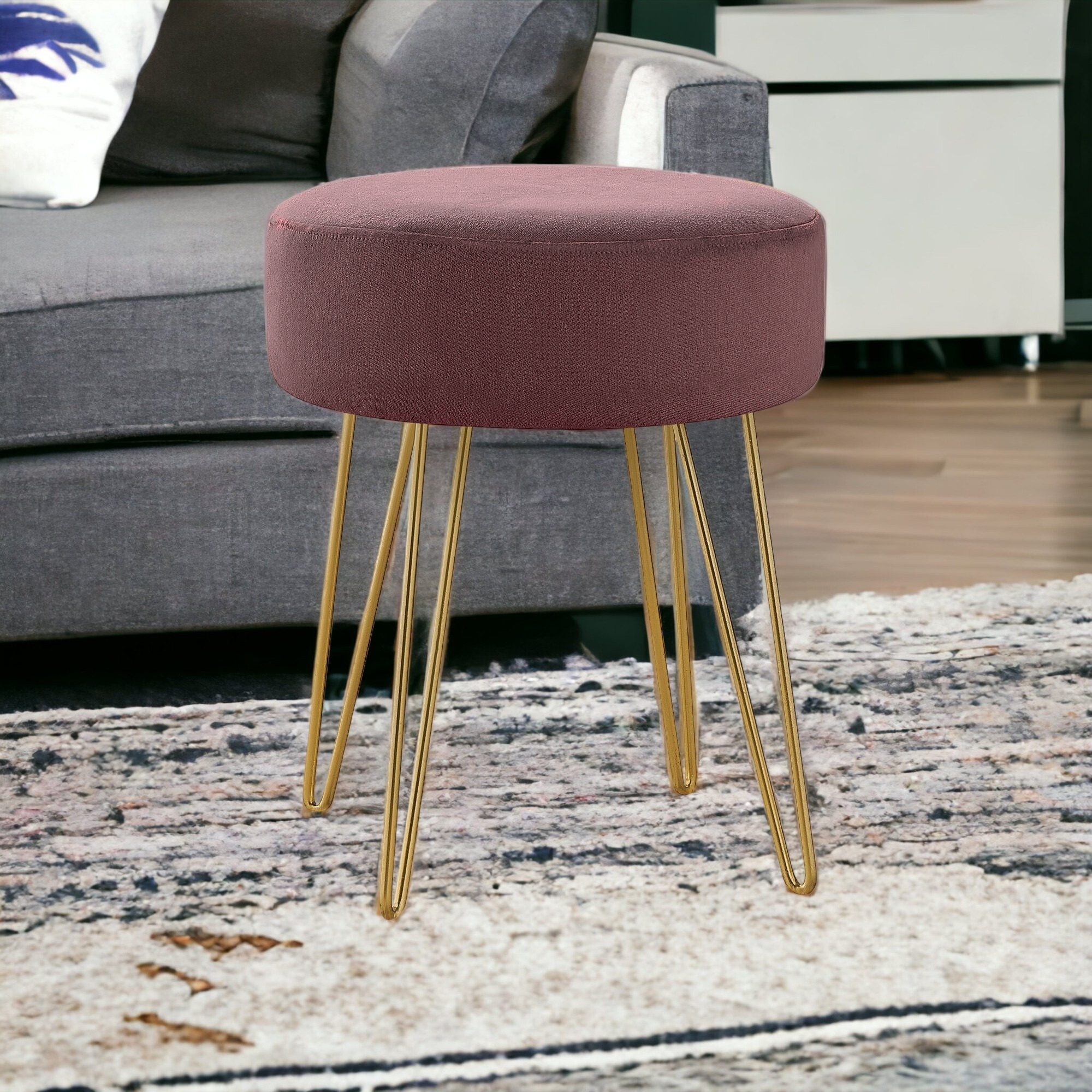 14 Plum Velvet And Gold Round Ottoman