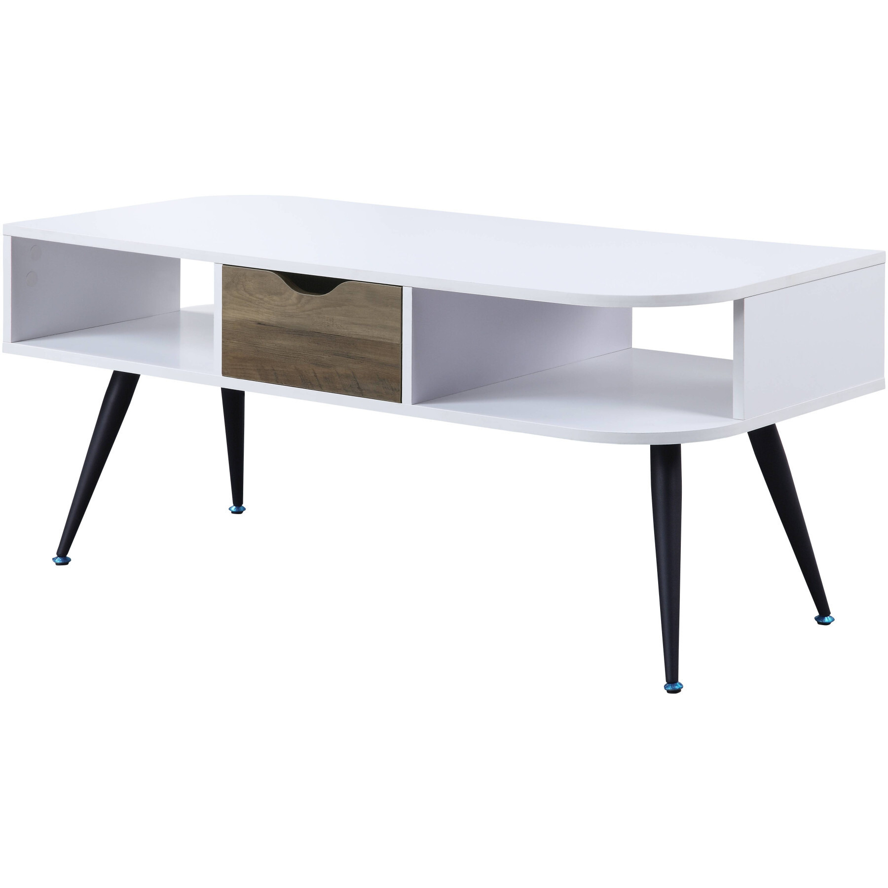 44 Black And White Melamine Veneer And Metal Rectangular Coffee Table With Drawer And Shelf