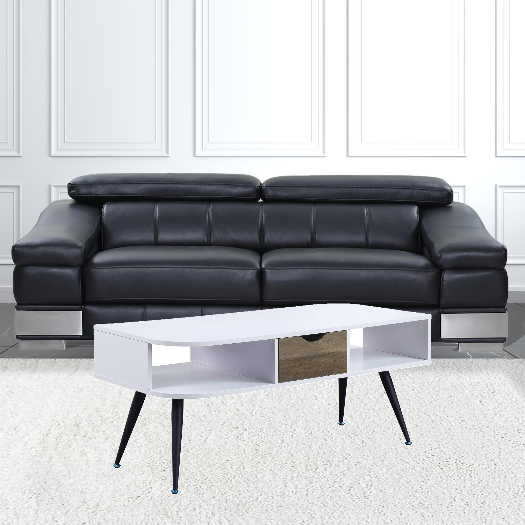 44 Black And White Melamine Veneer And Metal Rectangular Coffee Table With Drawer And Shelf