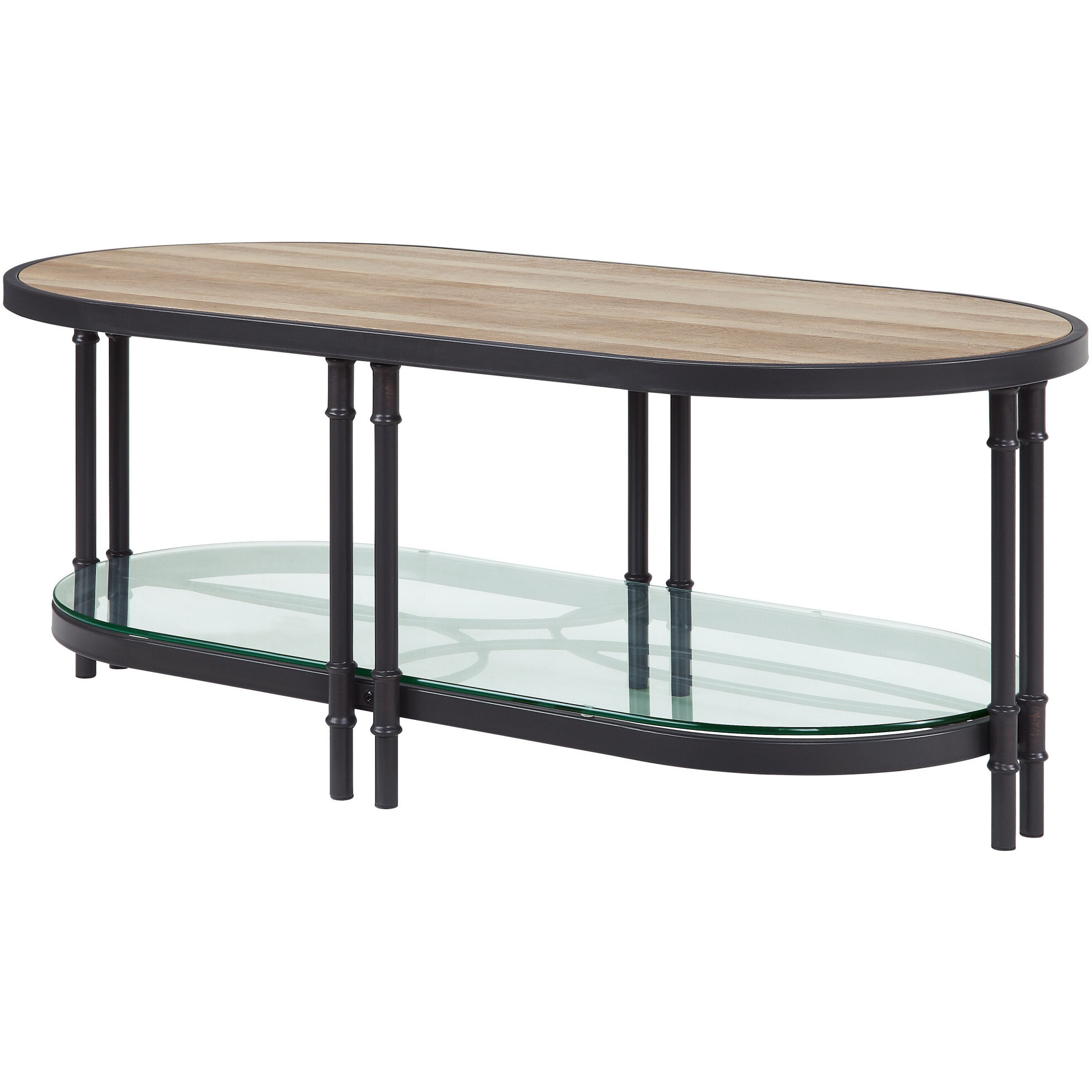 47 Sandy Black And Oak Paper Veneer And Metal Oval Coffee Table With Shelf