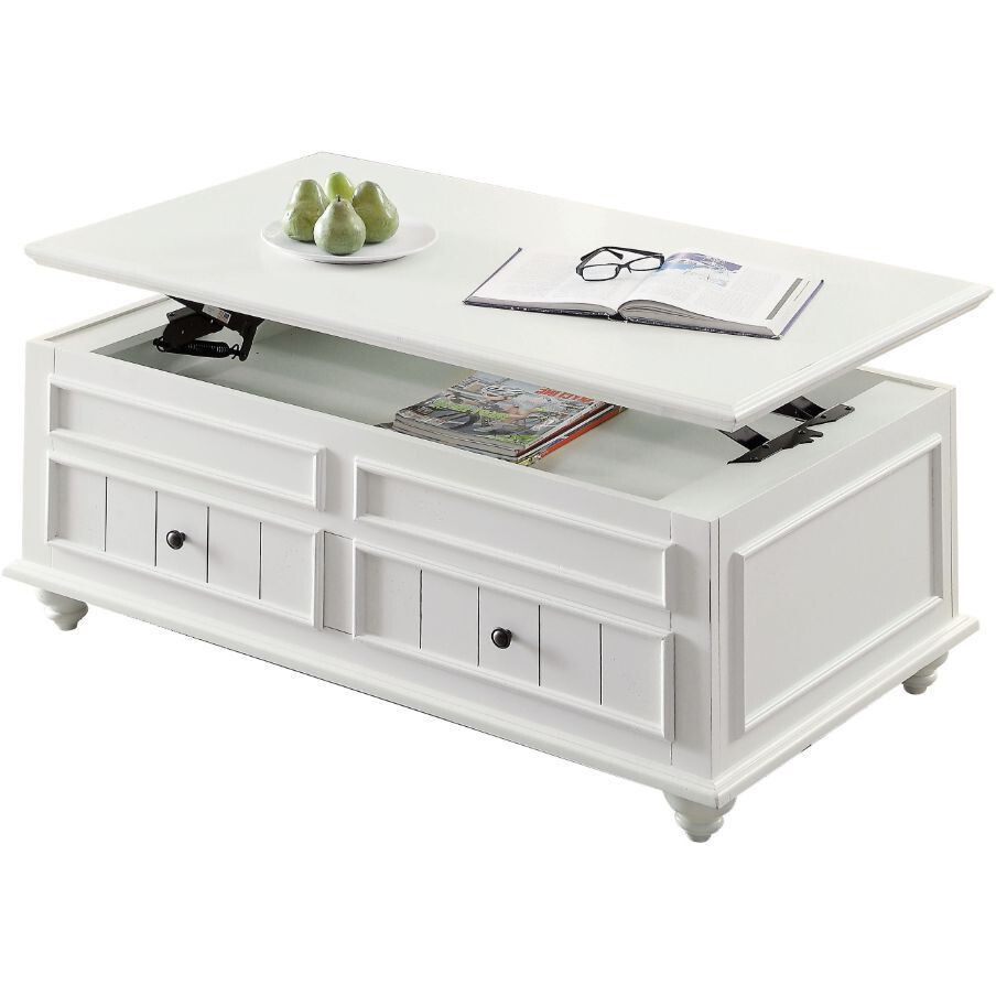 48 White Washed Melamine Veneer And Solid Wood Rectangular Lift Top Coffee Table With Two Drawers