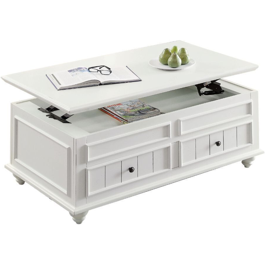 48 White Washed Melamine Veneer And Solid Wood Rectangular Lift Top Coffee Table With Two Drawers
