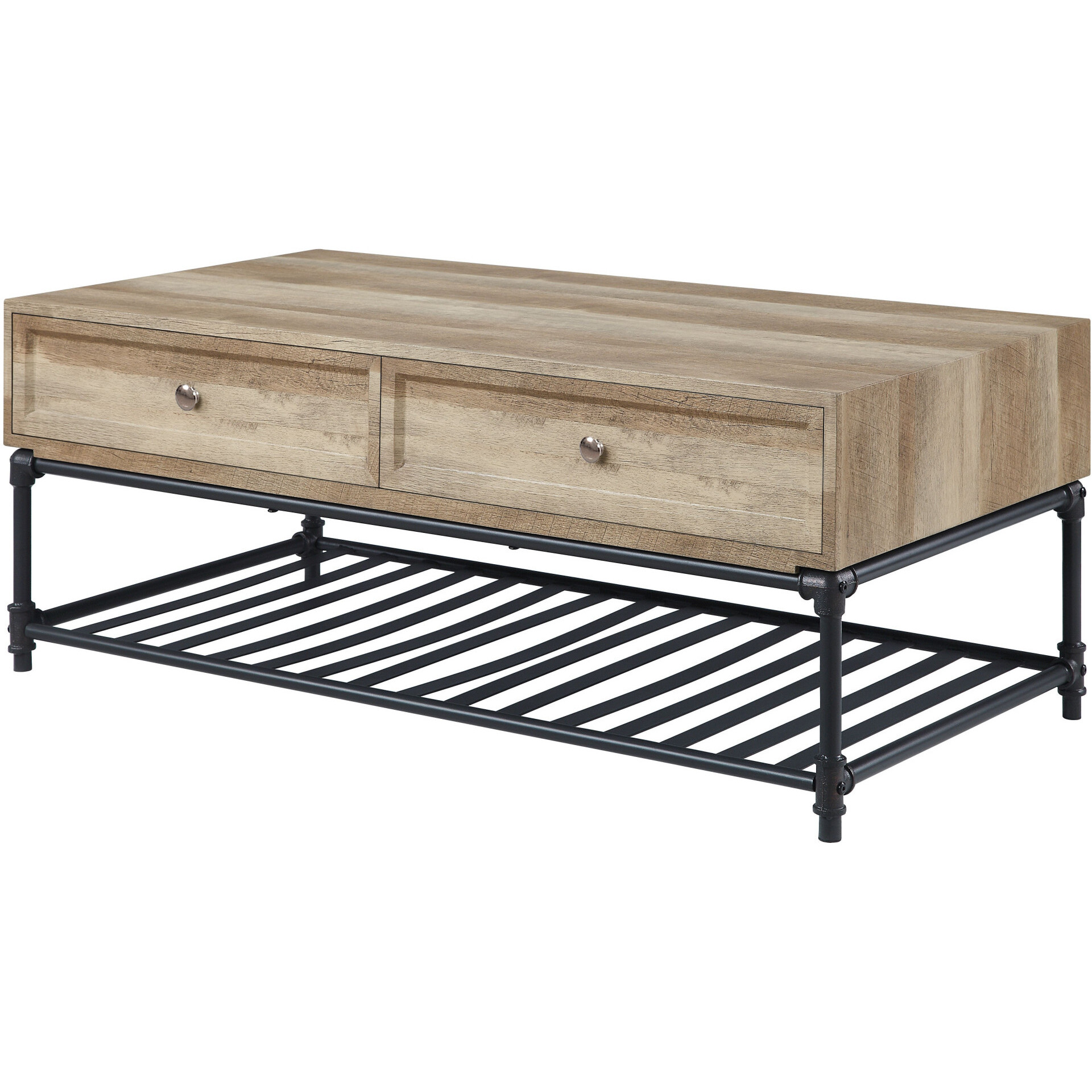 47 Sandy Black And Oak Paper Veneer And Metal Rectangular Coffee Table With Two Drawers And Shelf