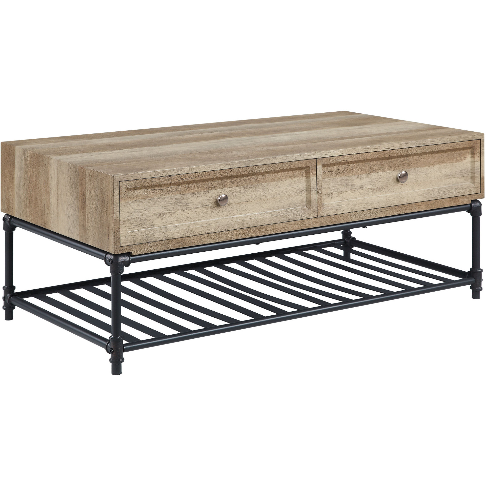 47 Sandy Black And Oak Paper Veneer And Metal Rectangular Coffee Table With Two Drawers And Shelf